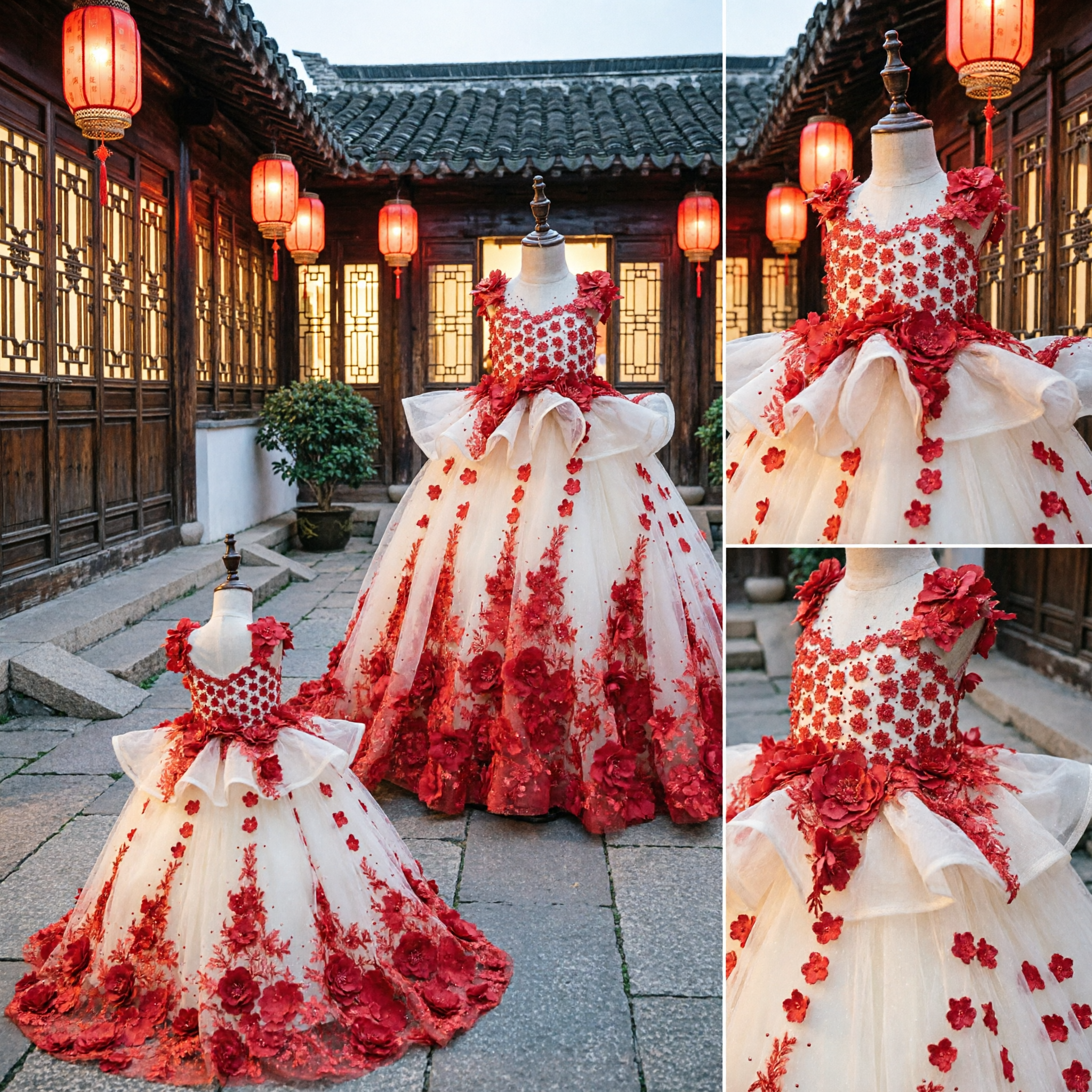 Robe de princesse de luxe avec appliqués floraux de roses rouges pour enfants, robe de demoiselle d'honneur pour mariage et concours - Asian Costume