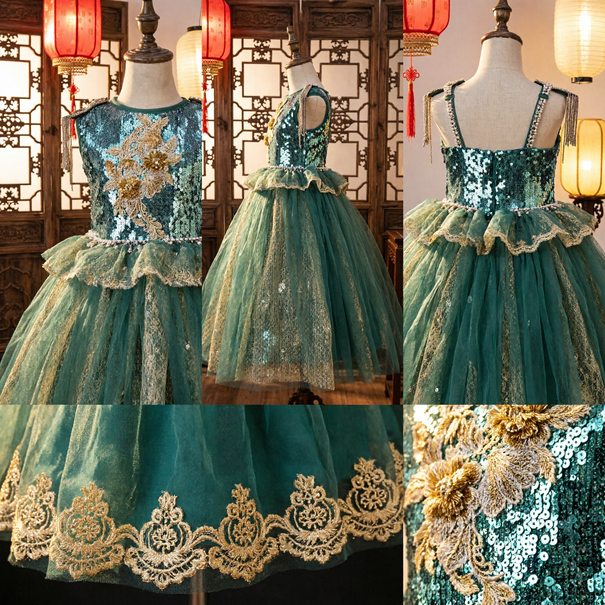 Children's Emerald Green Sequin Bodice Gold Lace Ballgown Formal Dress for Wedding Party Performance - Asian Costume