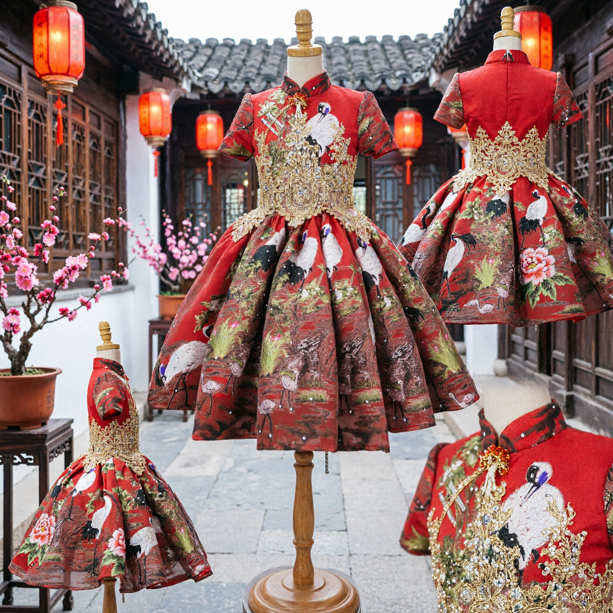 Girls Red Traditional Chinese Qipao Dress Crane Embroidery Princess Gown for Wedding New Year Party - Asian Costume