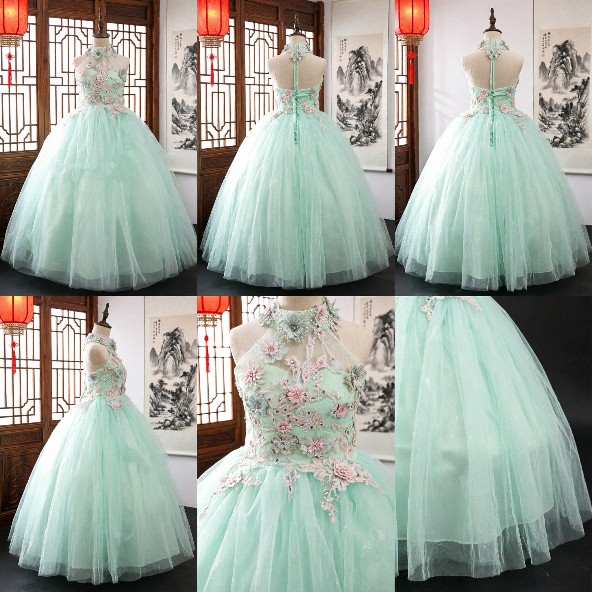 Vestido de Dama de Honor Verde Menta con Tirantes al Cuello y Tul Largo Bordado con Flores para Bodas Infantiles - Asian Costume