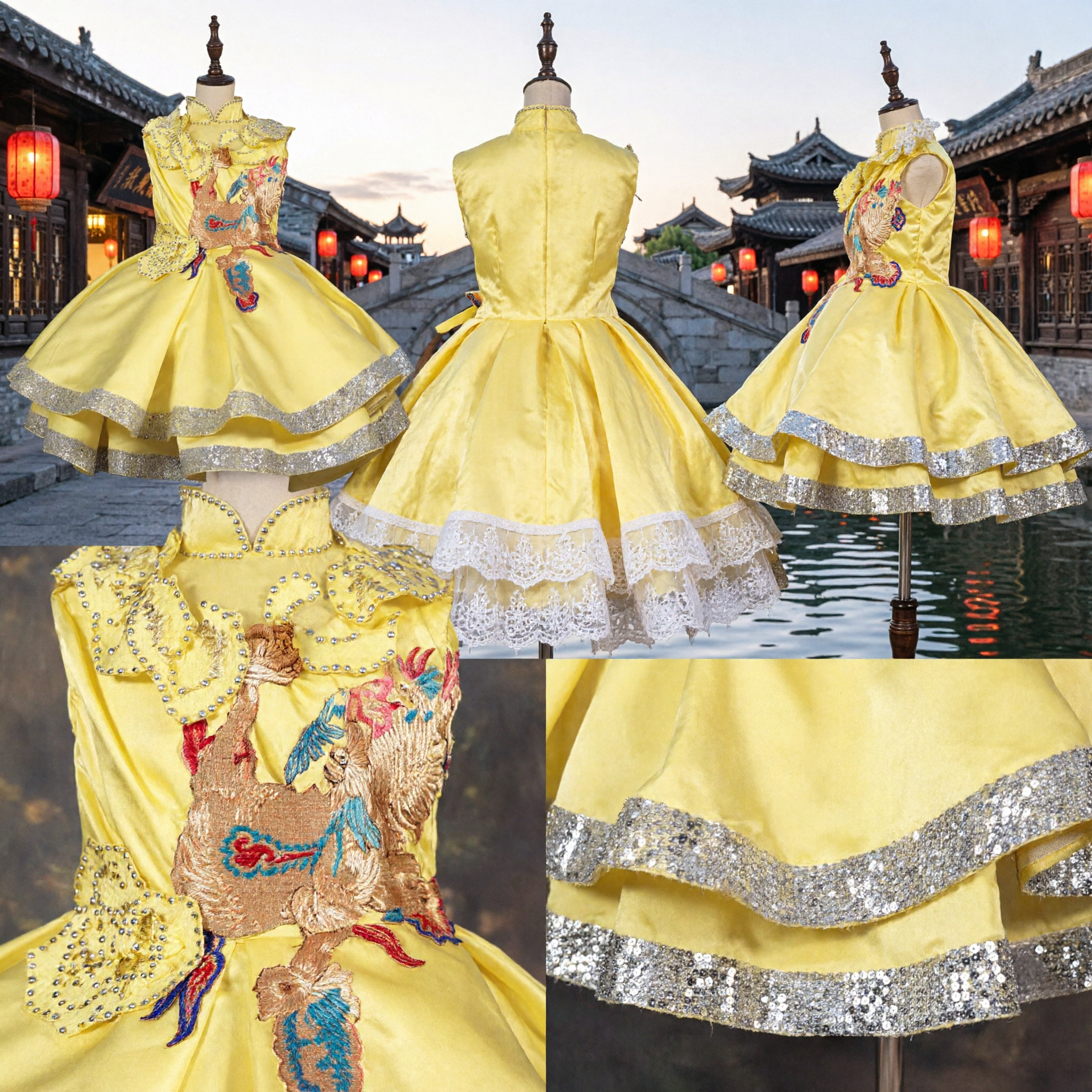 Traditionele Chinese Gele Feniks Borduurwerk Jurken voor Meisjes Kinderen Podium Optreden Kostuum Feestkleding - Asian Costume