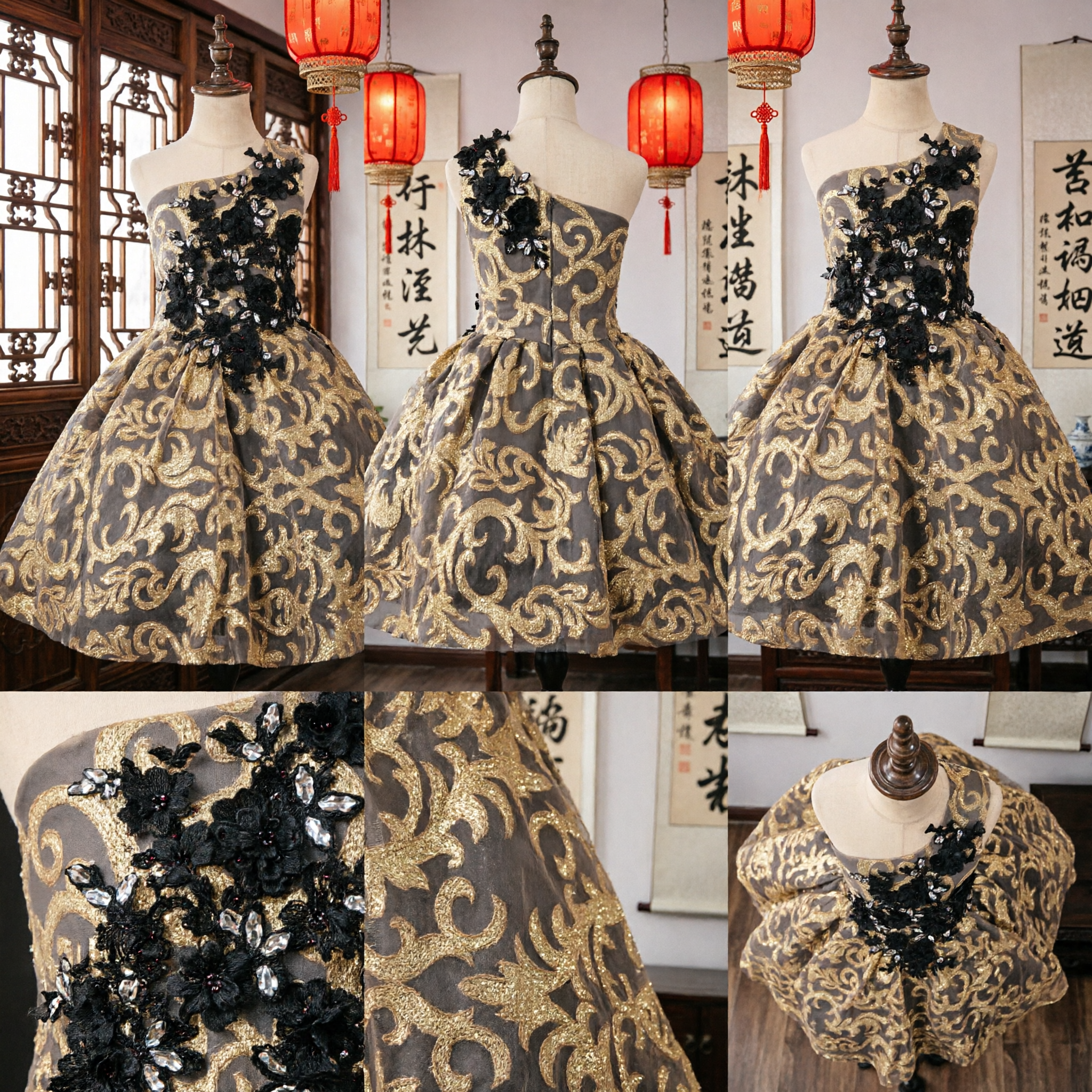 Vestido de Fiesta Elegante de Brocado Dorado con un Hombro y Aplicación de Flores Negras para Prom y Eventos Formales - Asian Costume