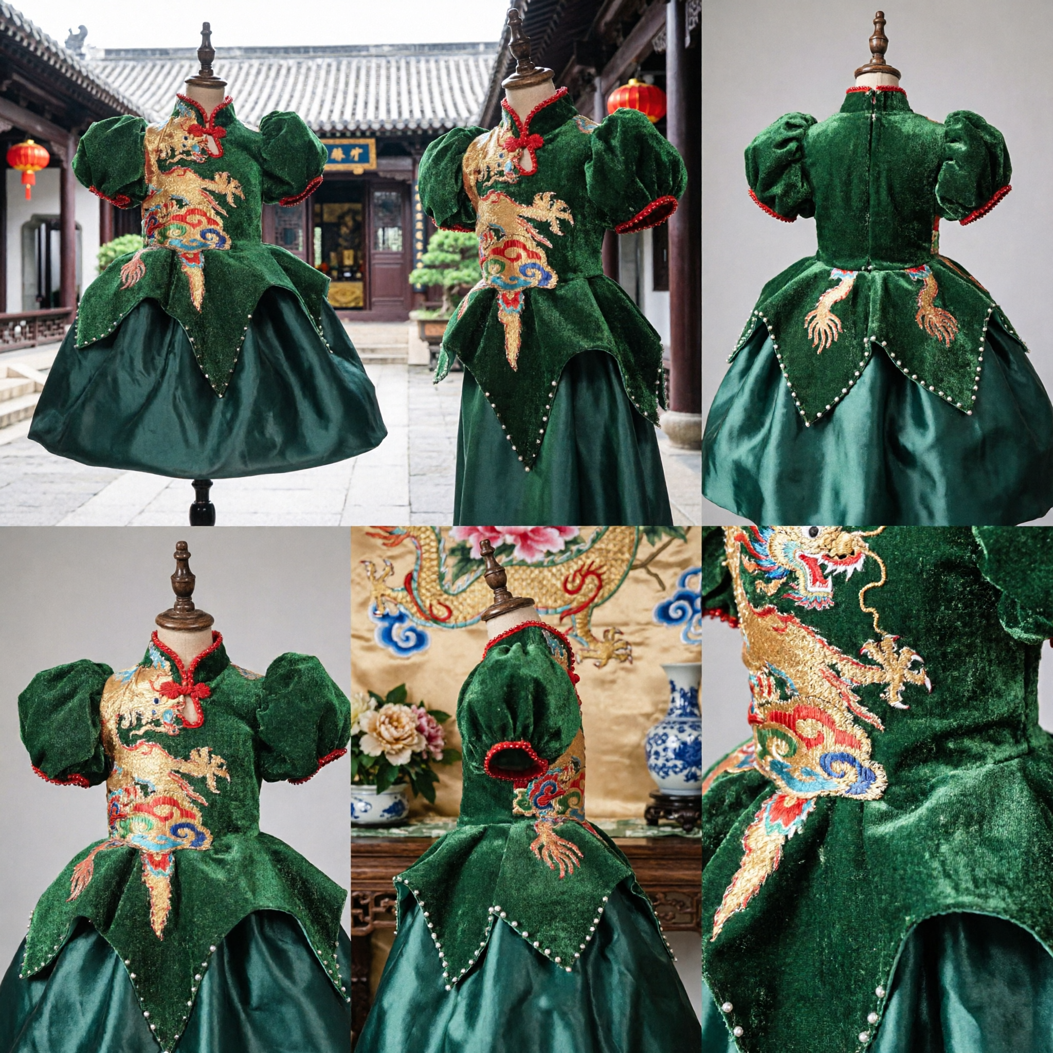 Vestido Elegante de Veludo Verde com Bordado de Dragão Chinês, Estilo Tradicional Qipao para Fantasia em Eventos de Performance - Asian Costume