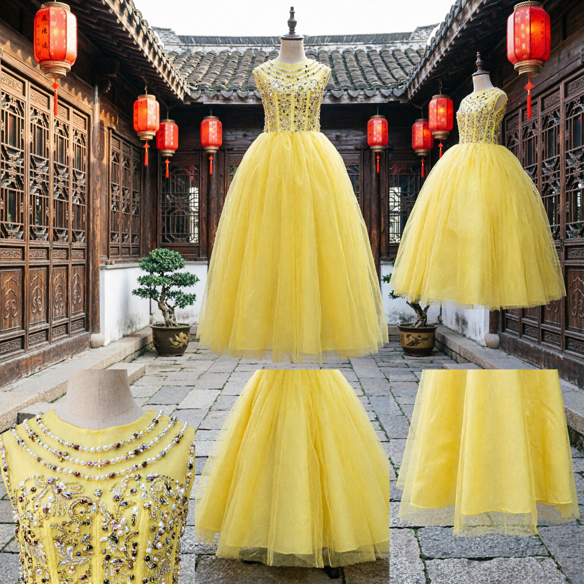 Yellow Flower Girl Dress Sleeveless Sequin Bodice Tulle Ballgown Kids Formal Wedding Party Pageant Gown - Asian Costume