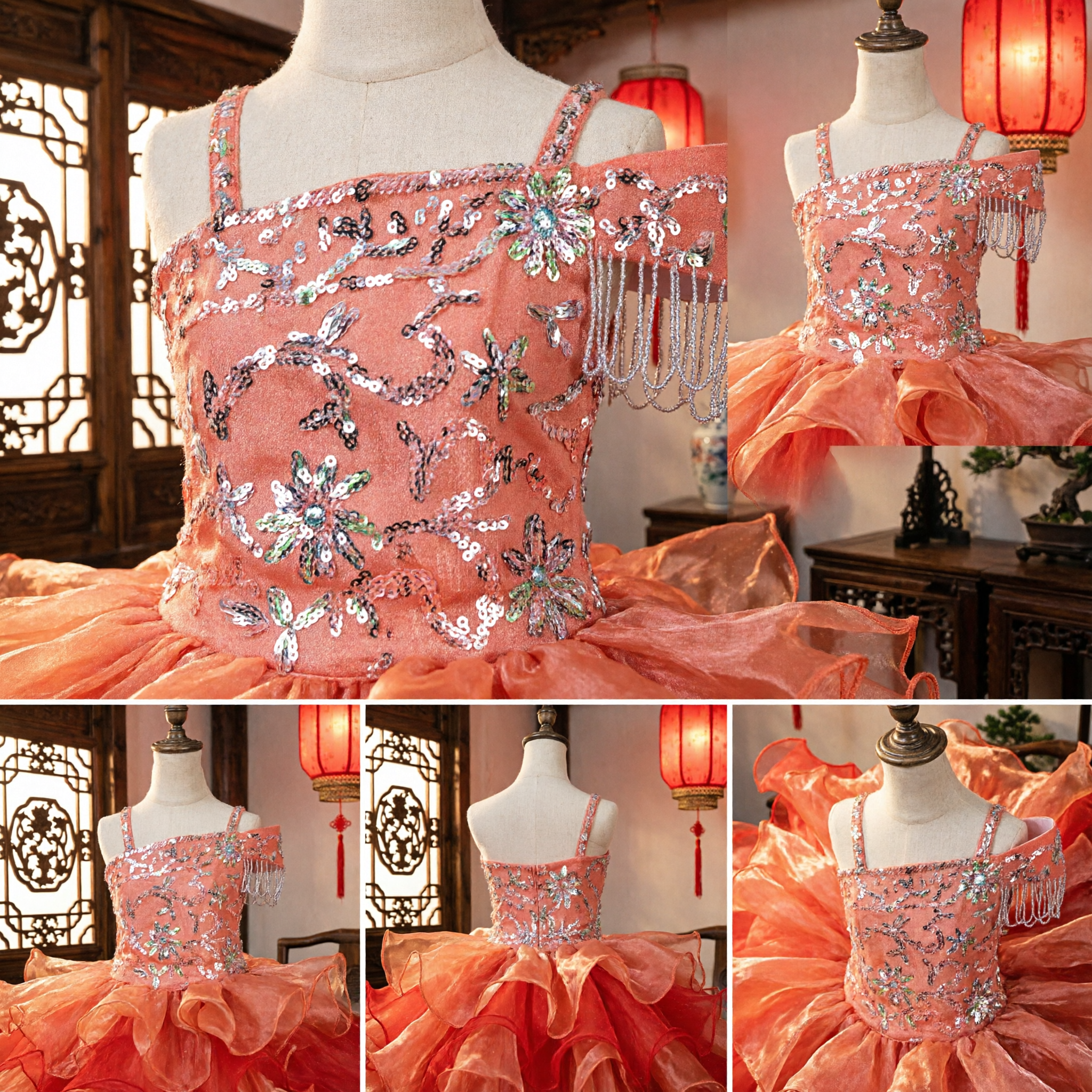 Vivace Abito da Ballo Latino Arancione per Bambine con Gonna a Balze e Corpetto Rhinestone, per Spettacoli - Asian Costume