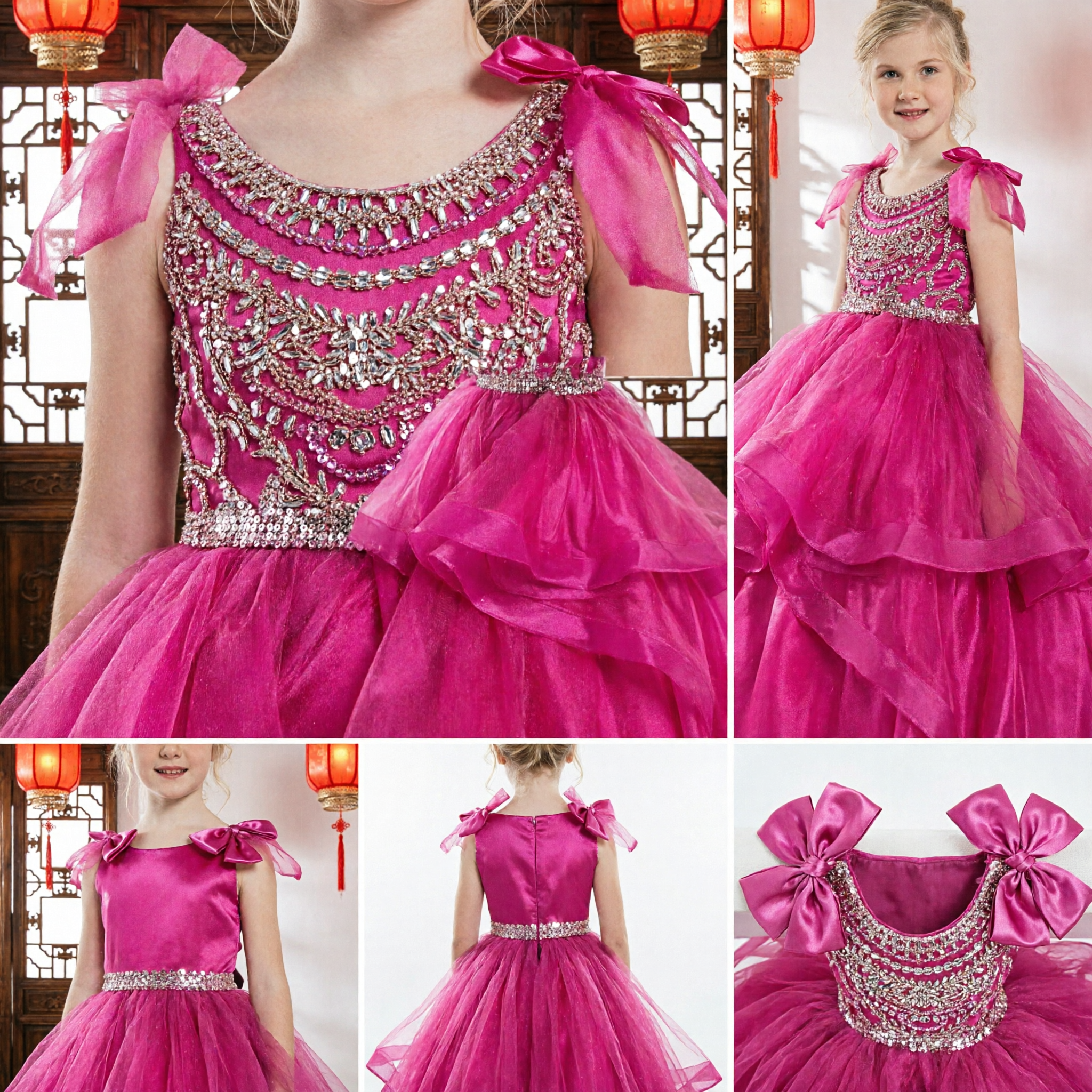 Girls Hot Pink Sequin Ball Gown Pageant Dress with Beaded Bodice and Tulle Skirt for Weddings - Asian Costume
