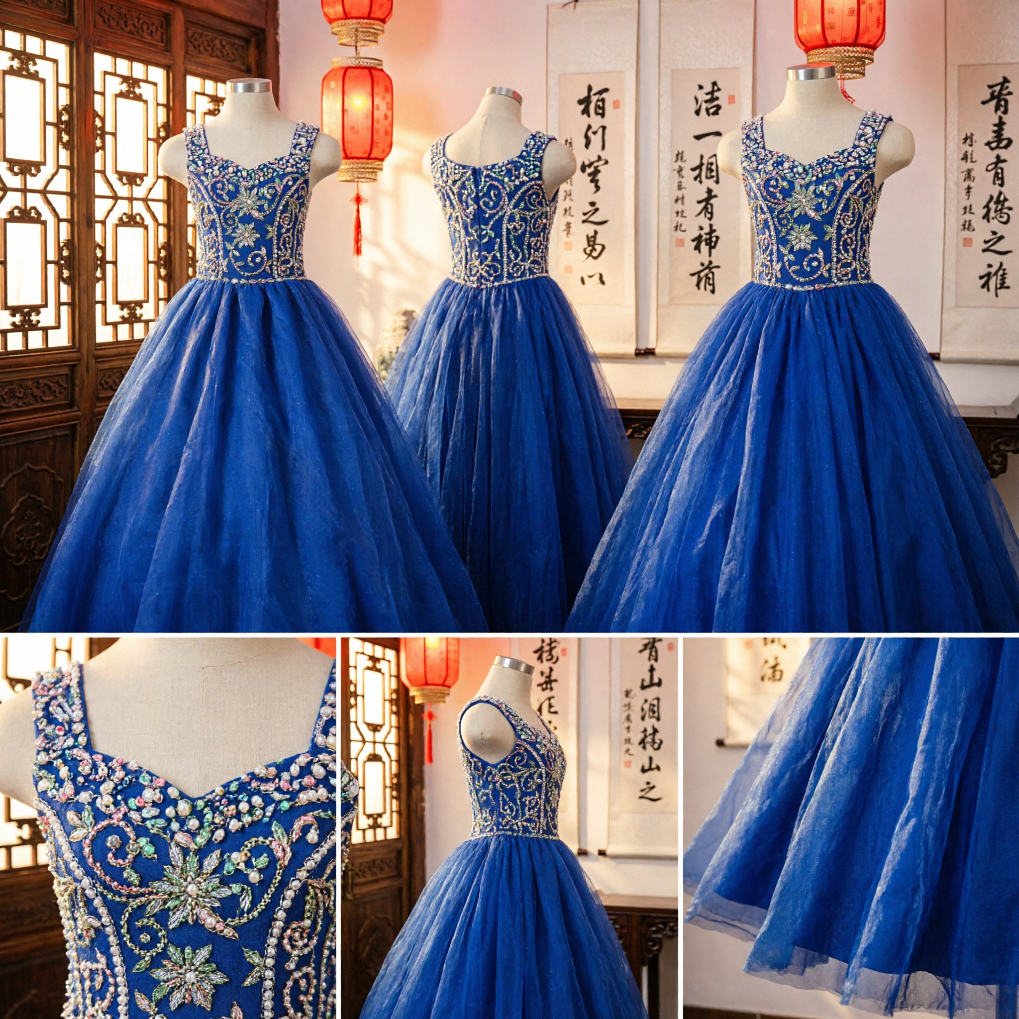 Vestido Largo de Dama de Honor Azul Real con Corpiño Bordado con Cuentas y Tul para Bodas y Concursos - Asian Costume