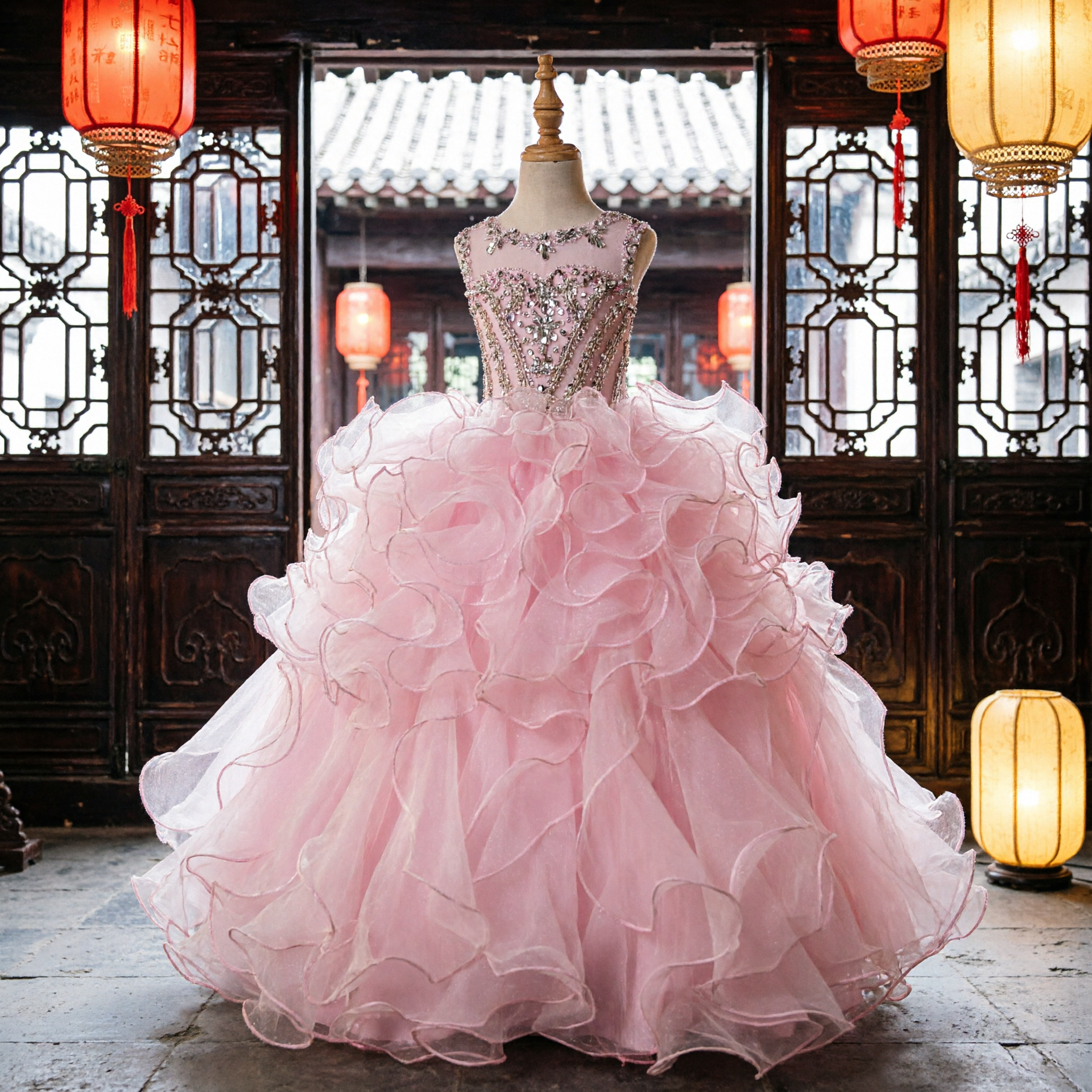 Розовое бальное платье принцессы, платье подружки невесты для детей, для конкурсов красоты, свадебных вечеринок, с пайетками и рюшами на юбке из тюля - Asian Costume