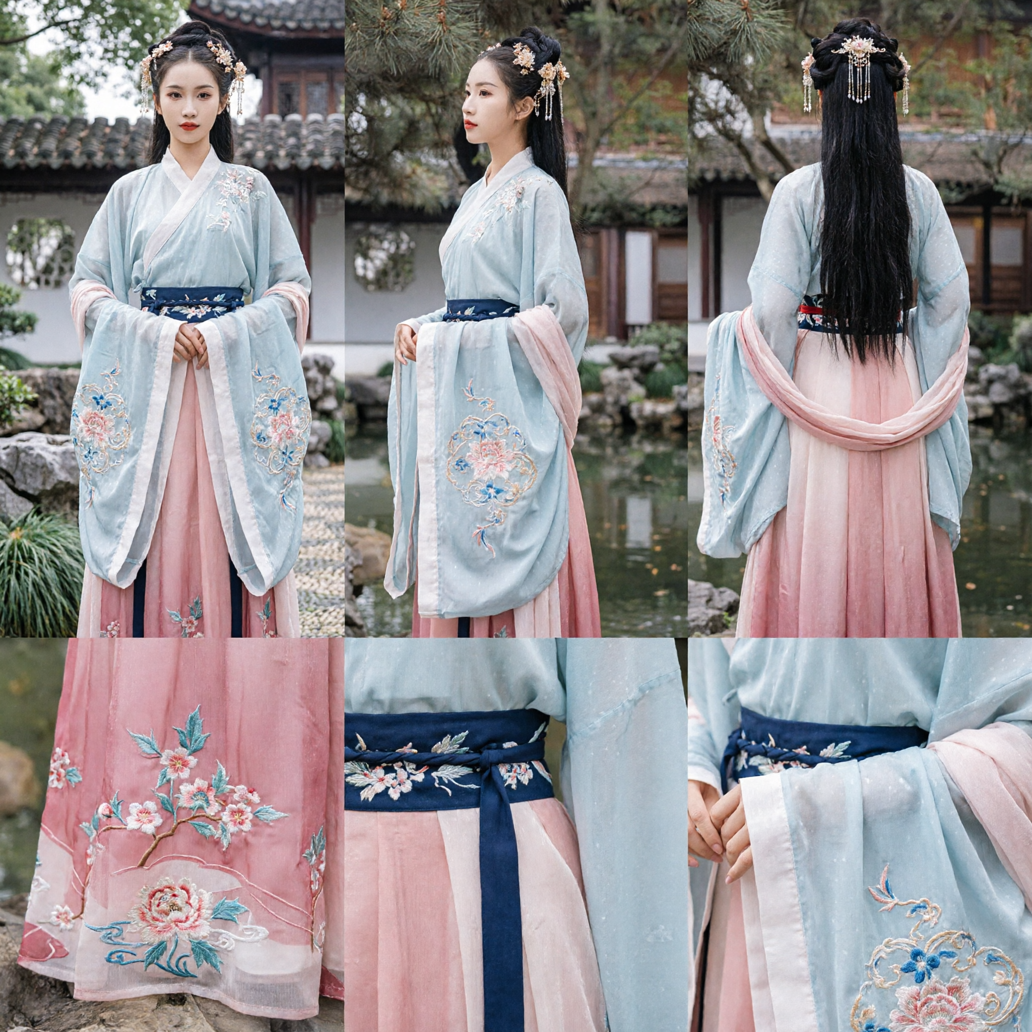 Abito Tradizionale Cinese Hanfu per Donne, Costume da Fata in Stile della Dinastia Song Antica, Gonna Sfumata Rosa e Top Blu - Asian Costume