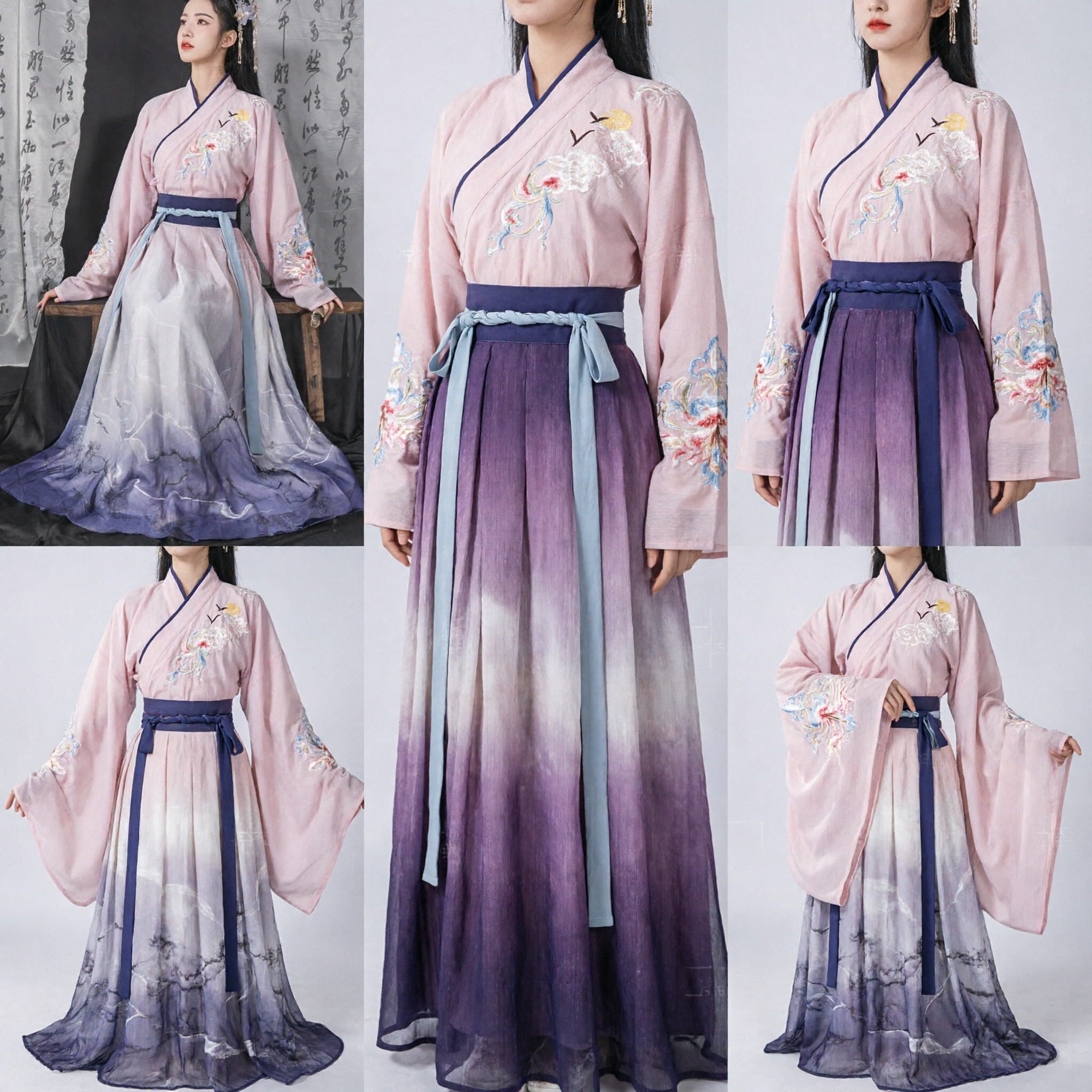 Elegante Costume Tradizionale Cinese Hanfu Dinastia Ming Set Top Rosa Ricamato e Gonna Sfumata Viola per Donne - Asian Costume