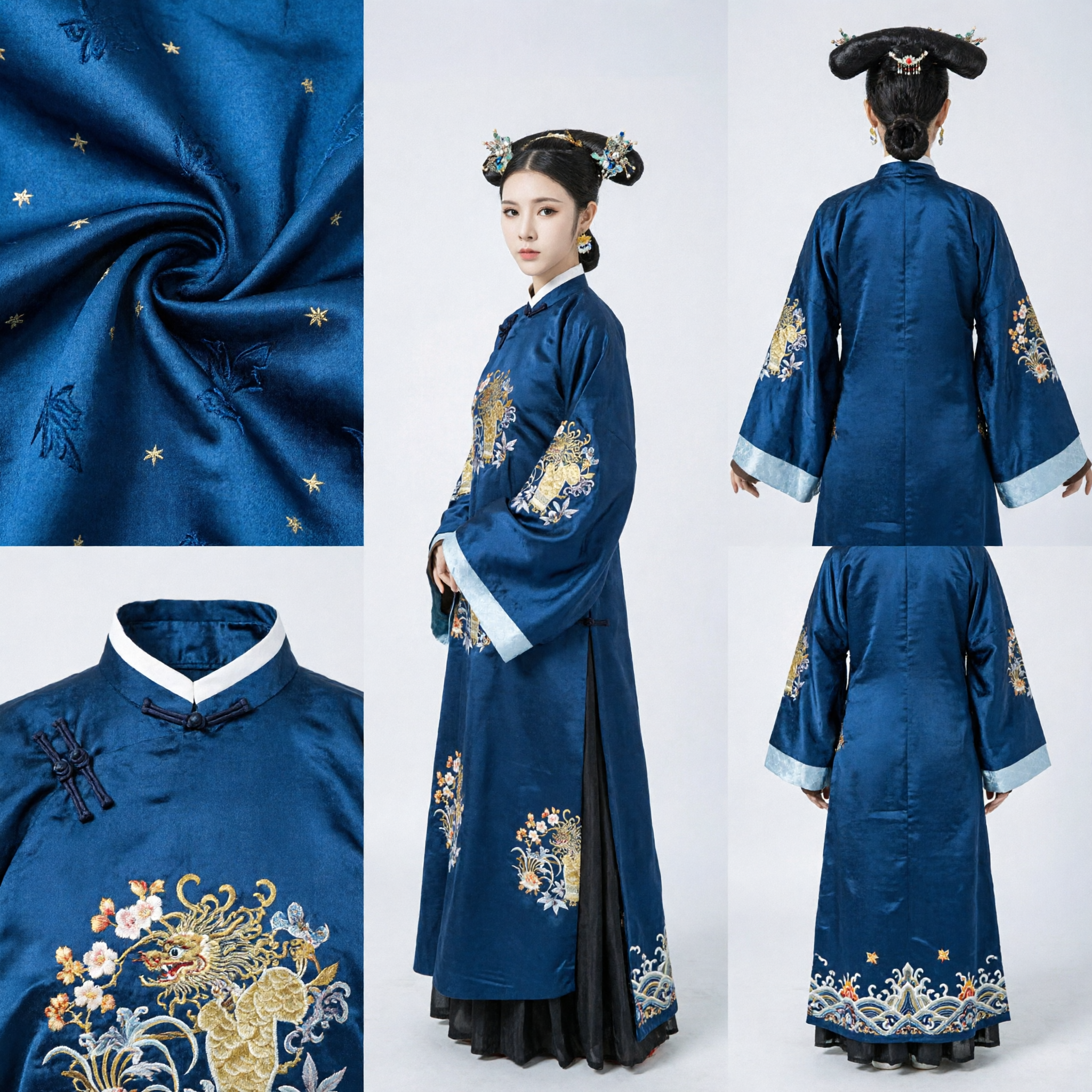 Túnica Bordada Elegante Azul Marino Estilo Manchú de la Dinastía Qing Traje Tradicional Chino para Mujer - Asian Costume