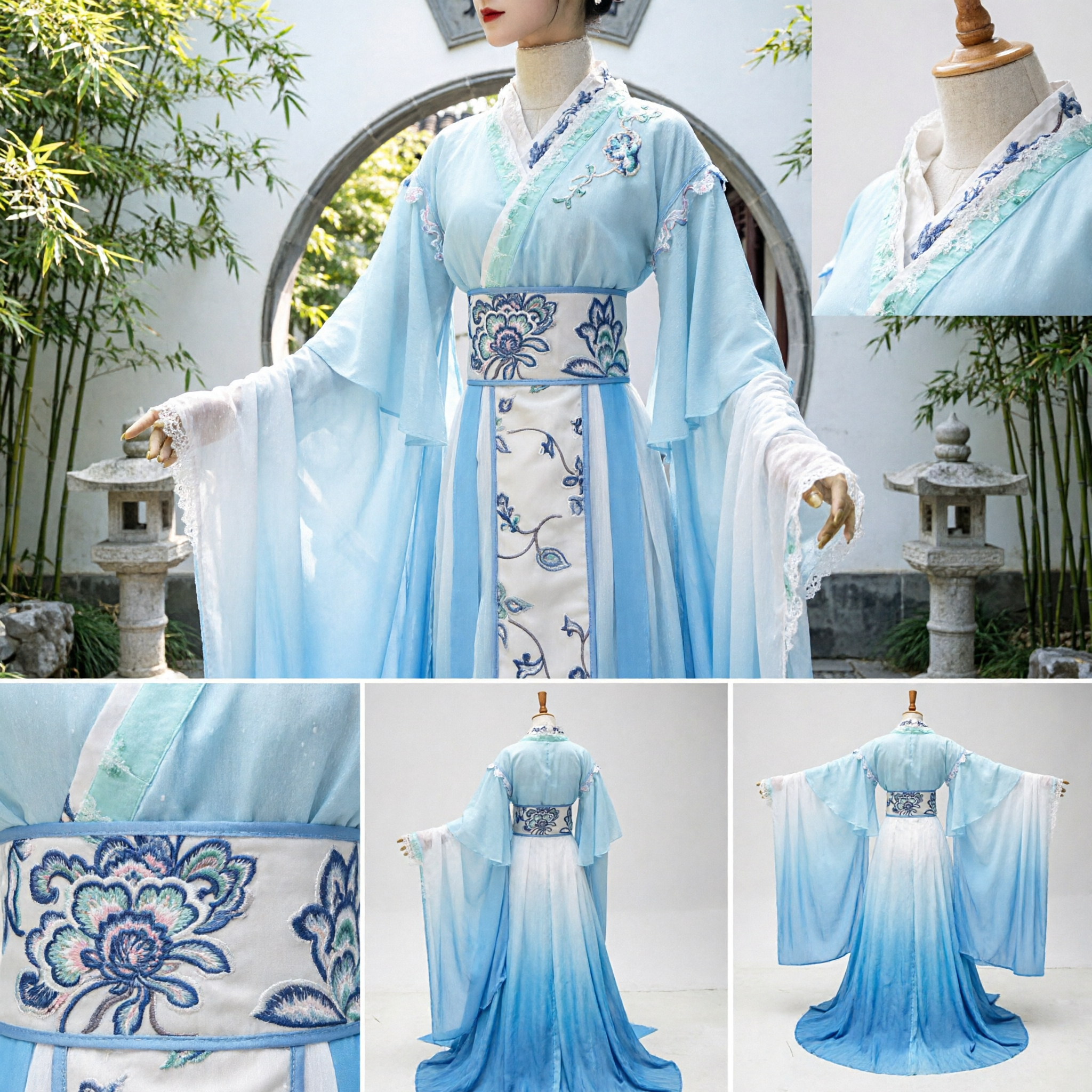 Elegante Vestido de Fada Bordado Hanchu em Gradiente Azul, Traje Antigo Chinês Tradicional para Cosplay e Performance Feminina - Asian Costume