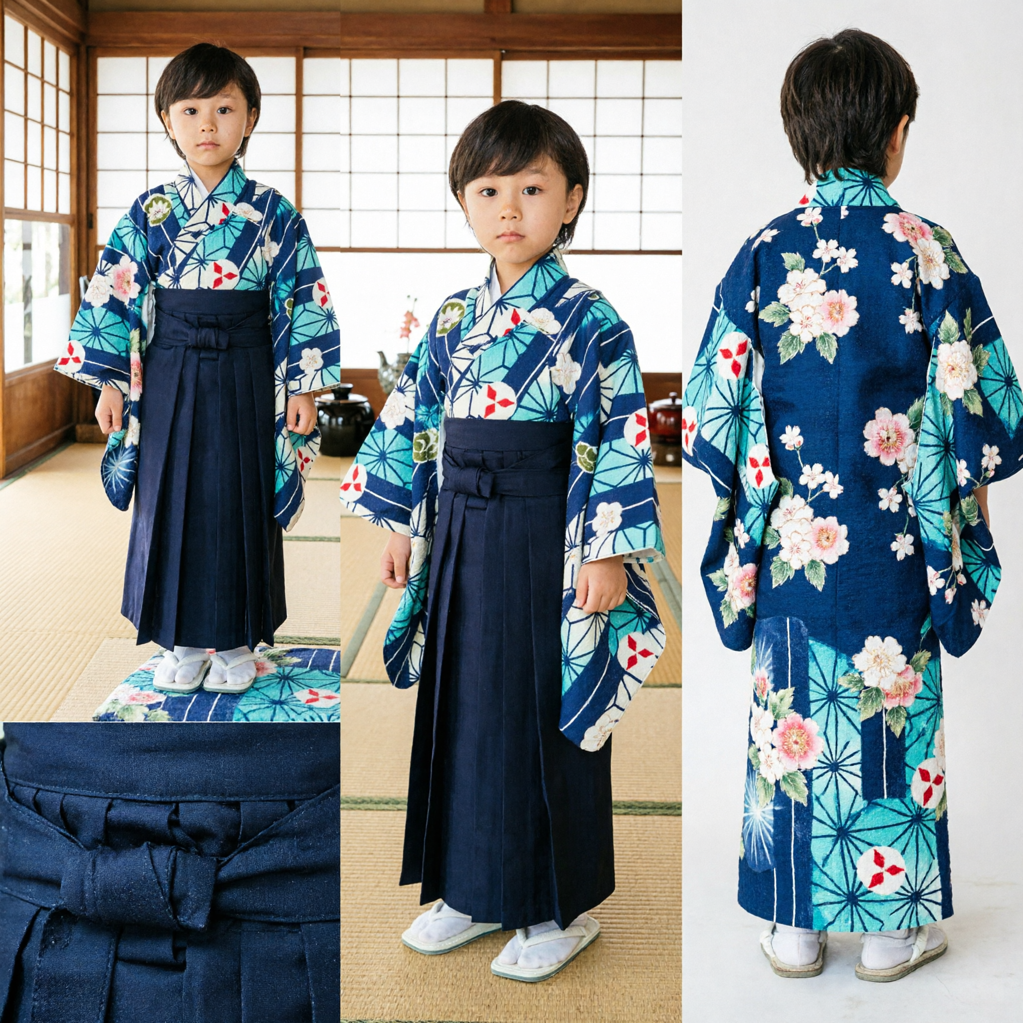 Ensemble traditionnel japonais Kimono pour garçon à motifs bleus avec costume Hakama noir - Pour Shichi-Go-San - Asian Costume