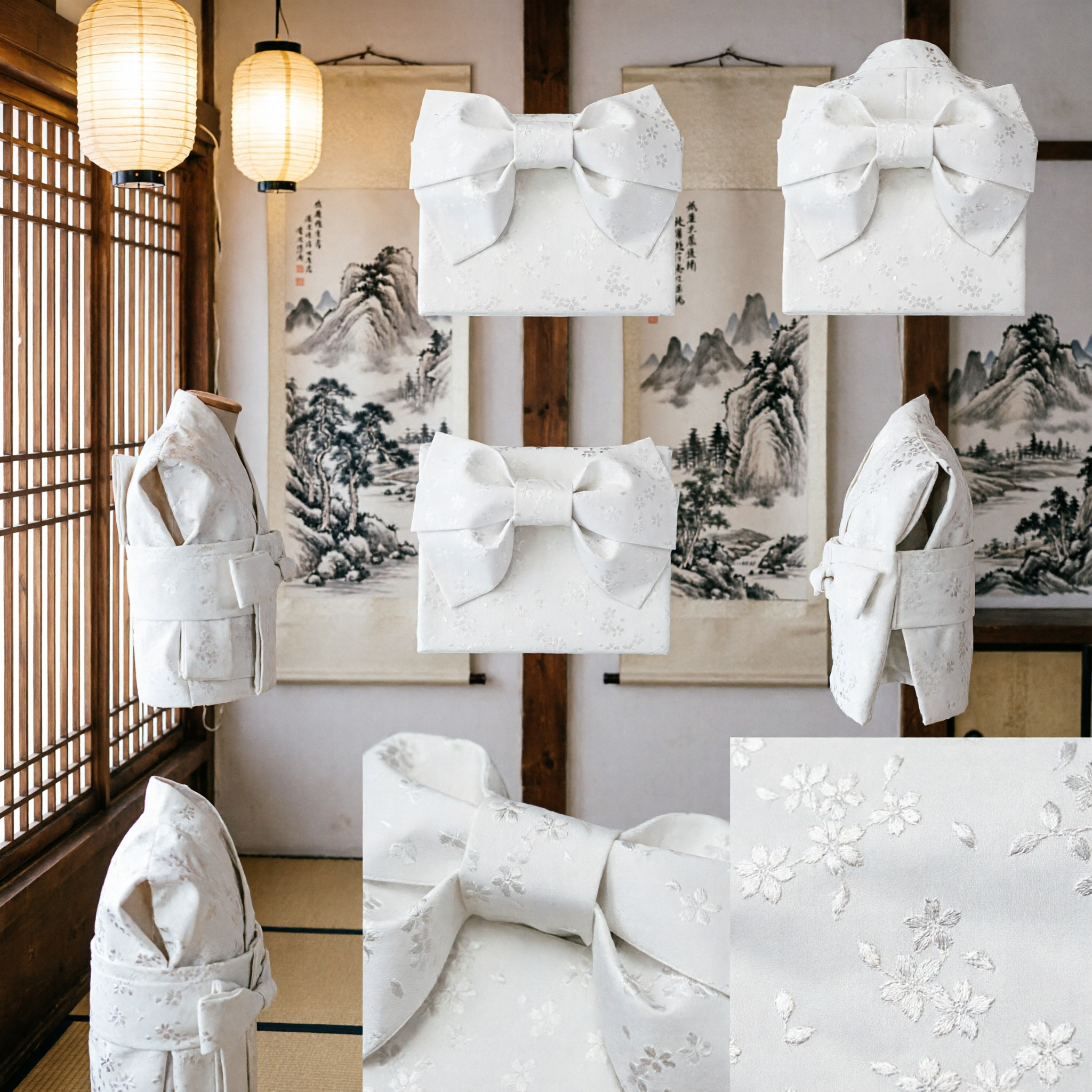 حزام قوسي تقليدي ياباني - زخرفة بيضاء بنمط زهري للكيمونو واليوكاتا والهانفو كإكسسوار زفاف - Asian Costume