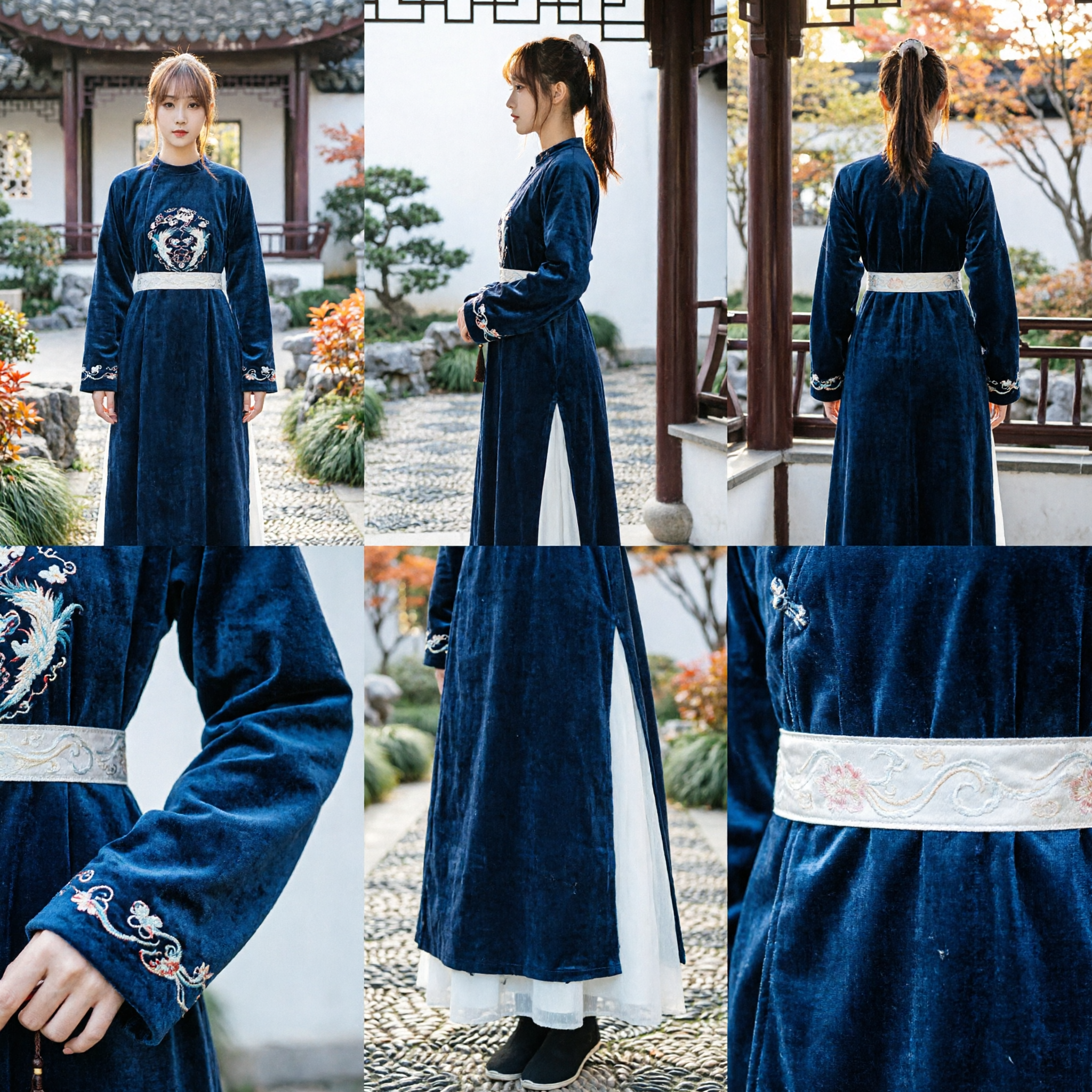 Traditionelles chinesisches Ming-Dynastie-Hanfu, blau besticktes Rundkragen-Roben-Kostüm für Frauen - Asian Costume