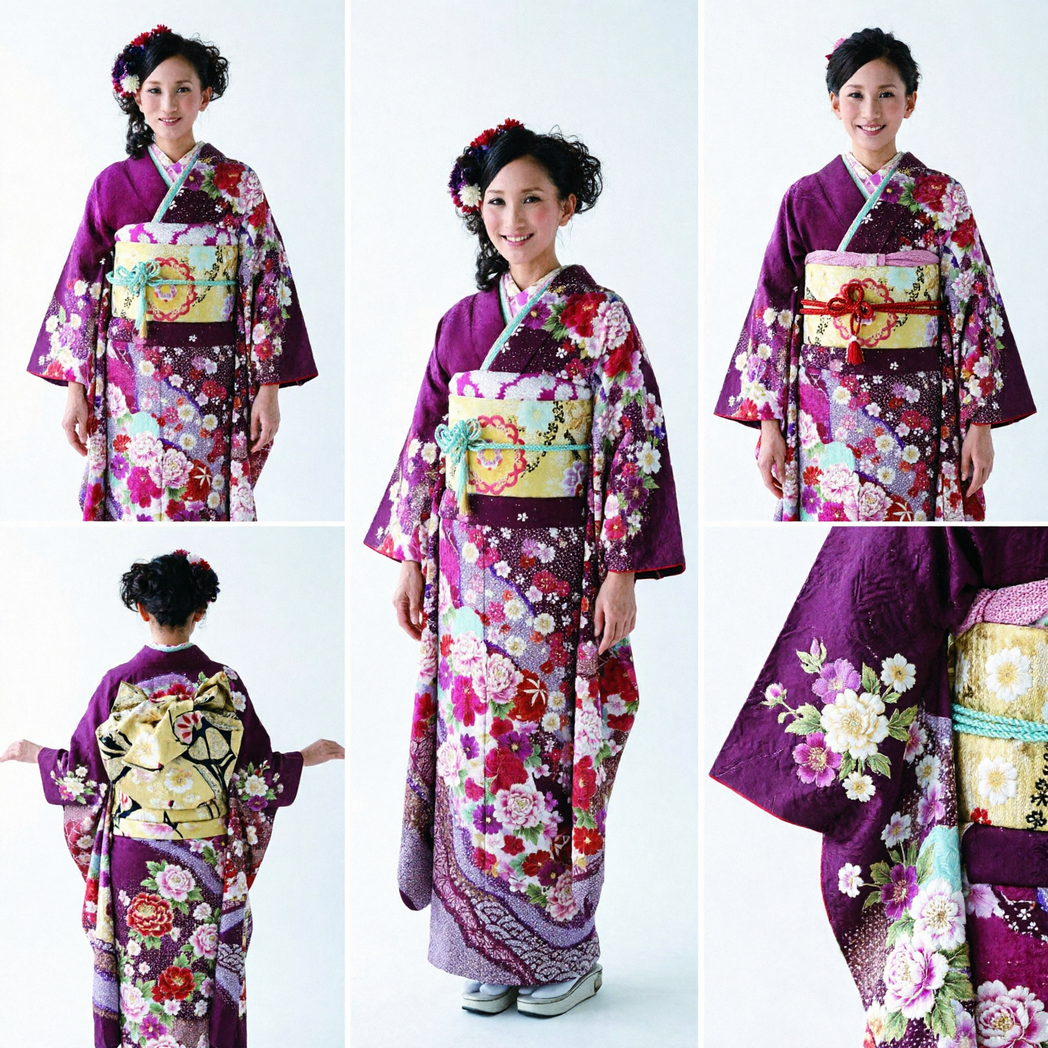 Kimono Furisode traditionnel japonais pour femmes à motif floral violet - Costume de cérémonie de mariage formel - Asian Costume