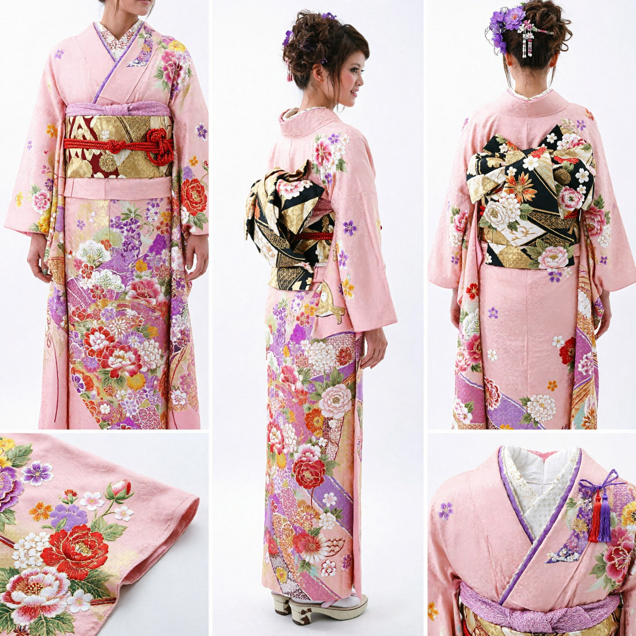 Kimono Furisode japonais floral rose - Tenue formelle traditionnelle pour femmes, invitée de mariage et cérémonie de majorité - Asian Costume