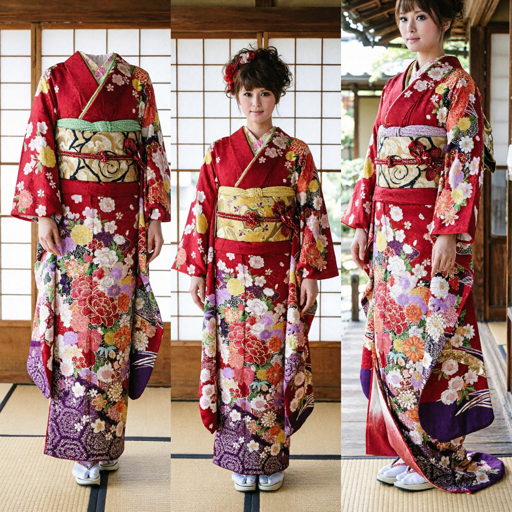 Traje de Kimono Japonês Tradicional Vermelho com Estampa Floral para Mulheres, Vestido para Cosplay de Geisha com Faixa Obi - Asian Costume