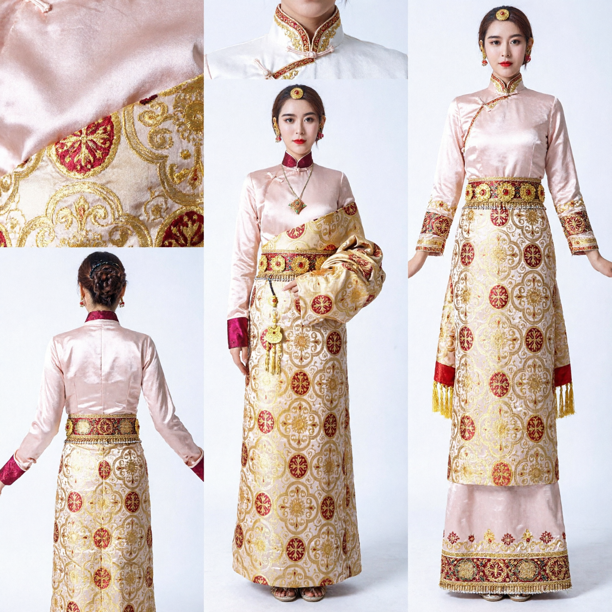 Vestido Chuba Tibetano Tradicional para Mujeres Brocado Bordado en Oro Traje Étnico para Festivales Culturales - Asian Costume