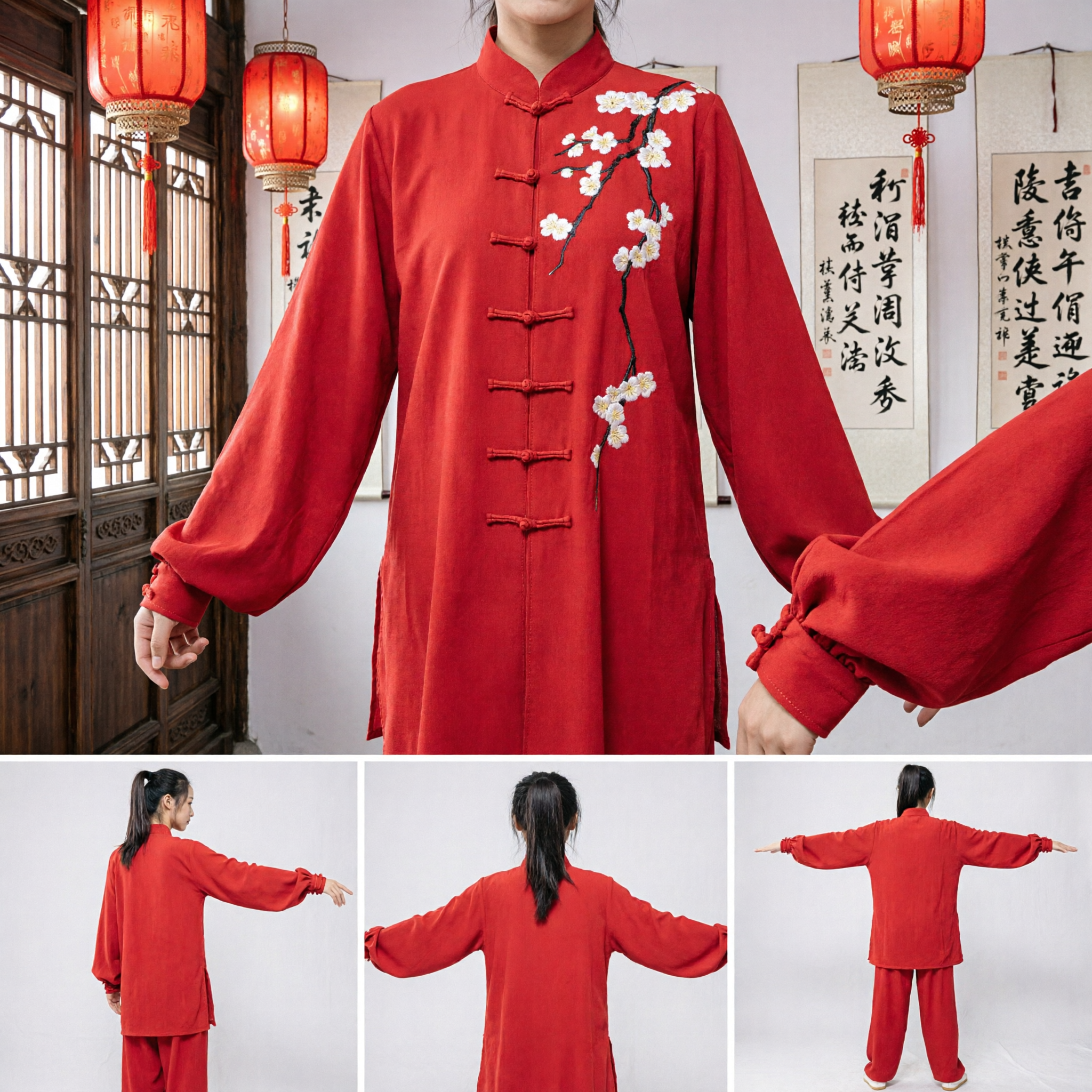 Vrouwen rood traditioneel Chinees Kung Fu-uniform met pruimenbloesemborduurwerk Tai Chi martial arts set - Asian Costume