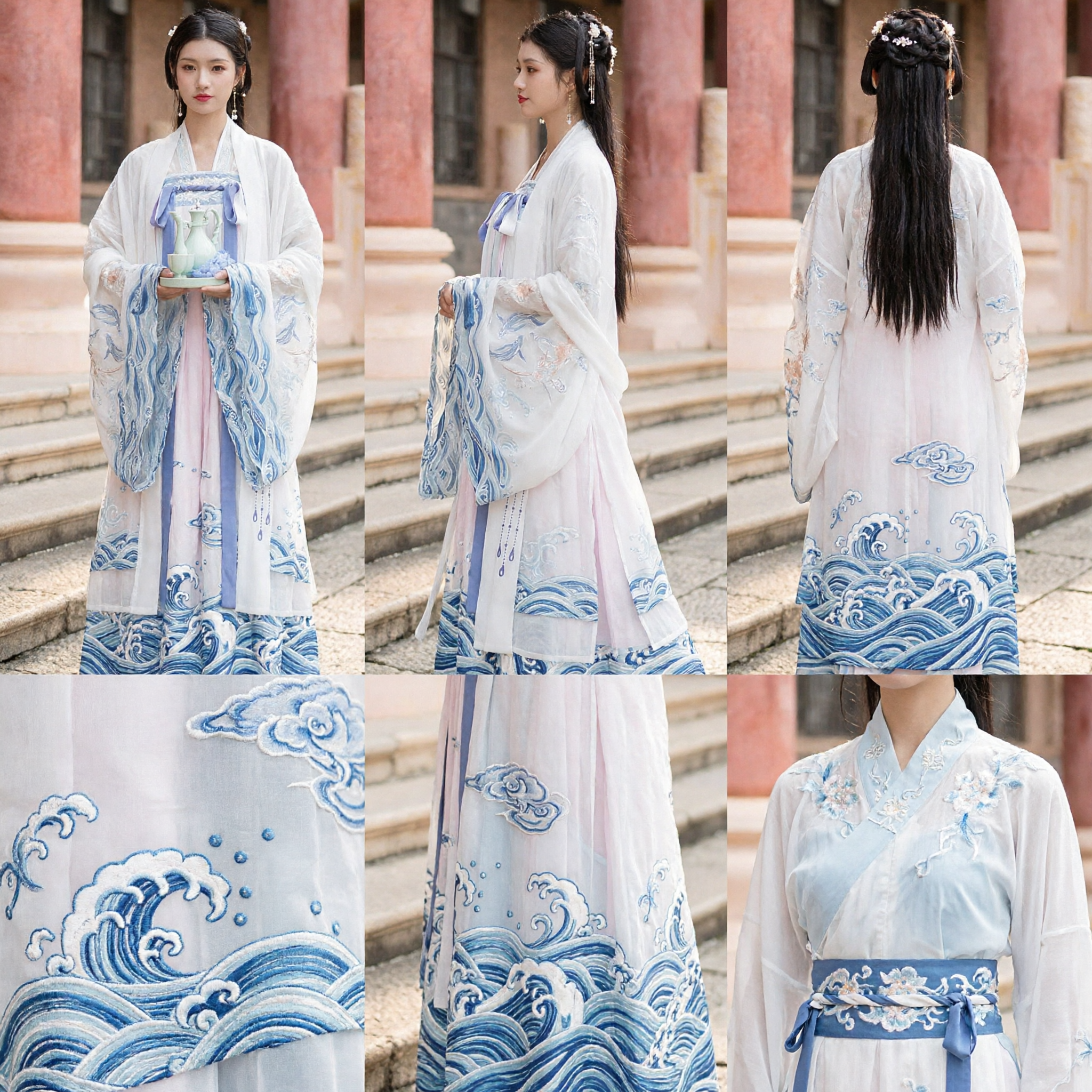 Abito Hanfu Tradizionale Cinese Elegante Blu e Bianco per Donne Costume da Fata Antico Ricamato per Cerimonia del Tè - Asian Costume