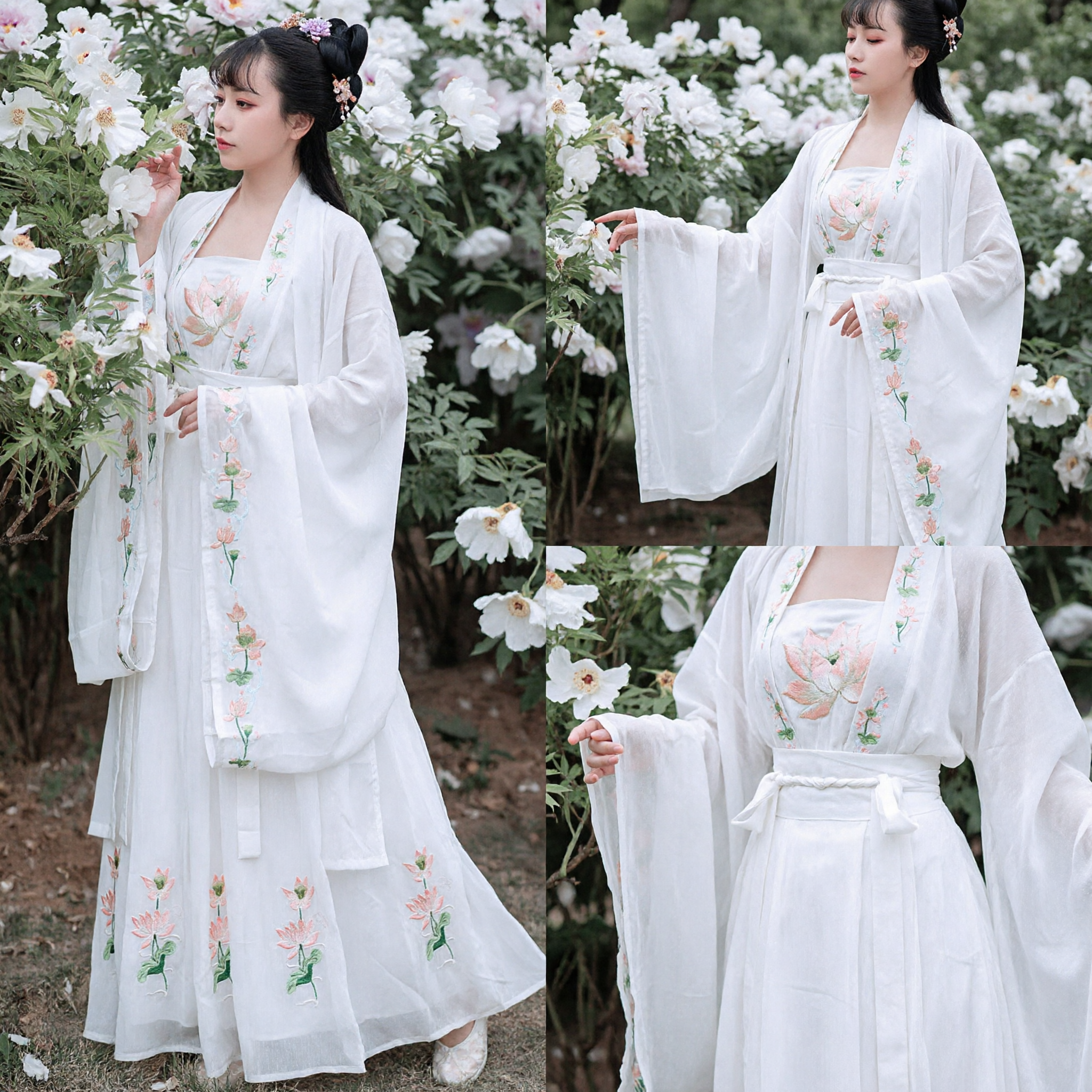 여성 흰색 한푸 전통 중국 드레스 연꽃 자수 넓은 소매 선녀 의상 사진 촬영 및 행사용 - Asian Costume