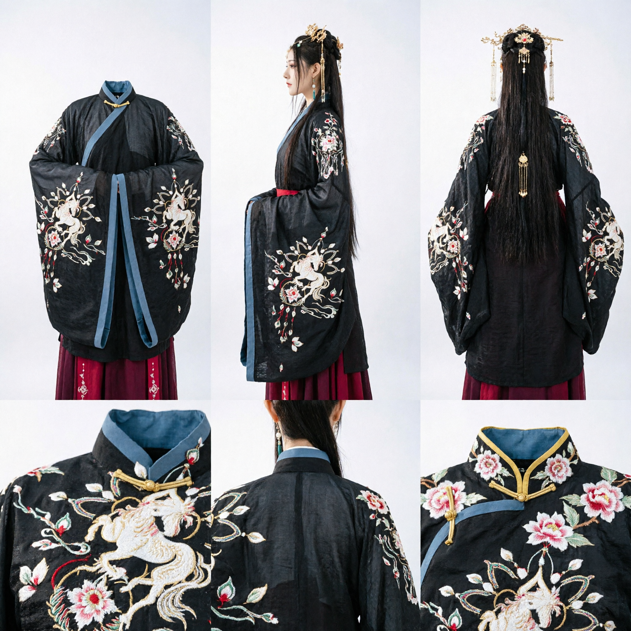 Hanfu chinois élégant noir à manches larges et jupe rouge, costume ancien traditionnel pour femmes - Asian Costume