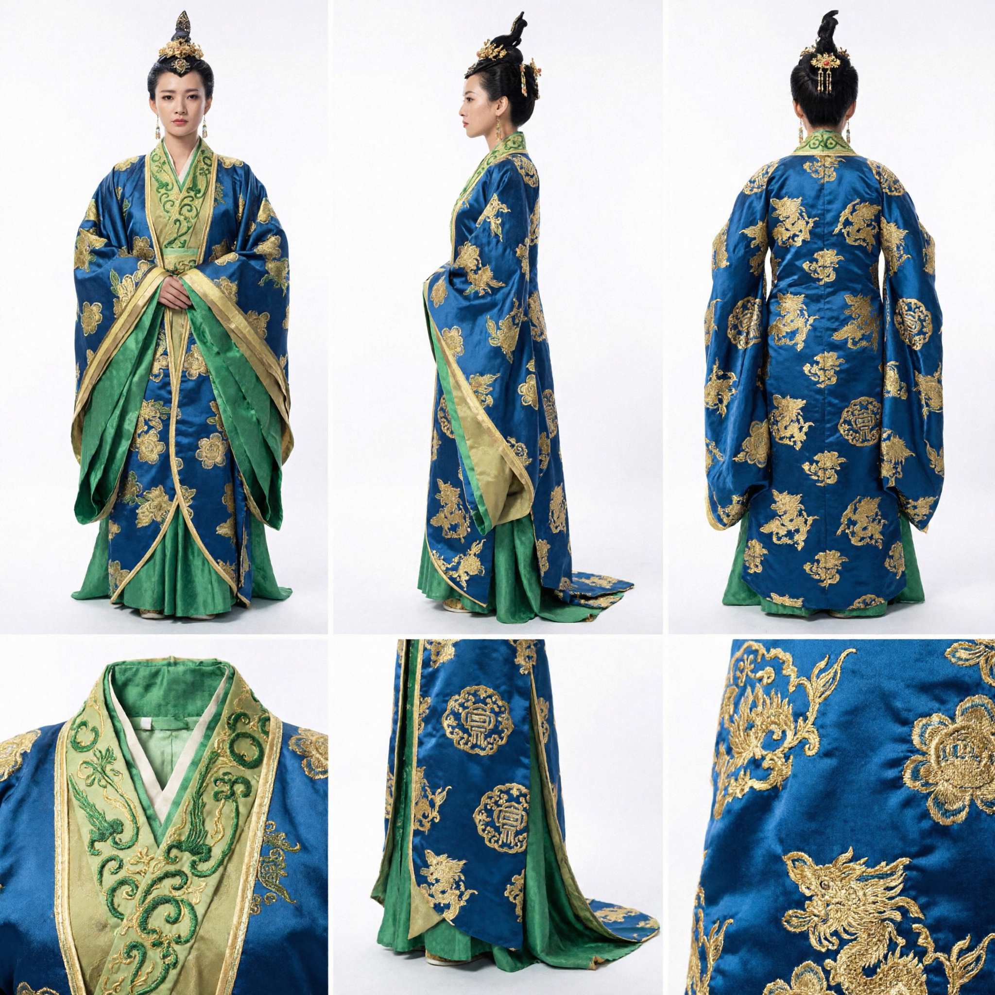 Oud Chinese Keizerlijke Concubine Kostuum Blauw en Goud Geborduurde Hanfu-gewade voor Vrouwen Historisch Drama Cosplay - Asian Costume
