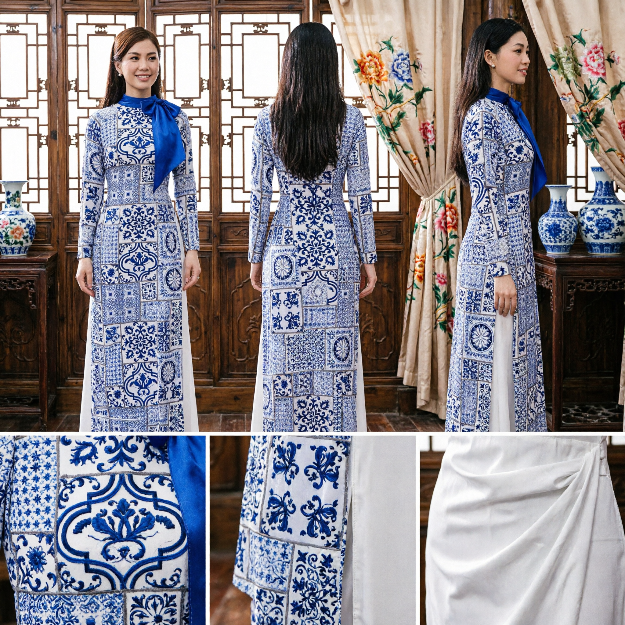 Abito Tradizionale Vietnamita Ao Dai Patchwork Blu Porcellana Bianca Tunica a Maniche Lunghe per Signore - Asian Costume