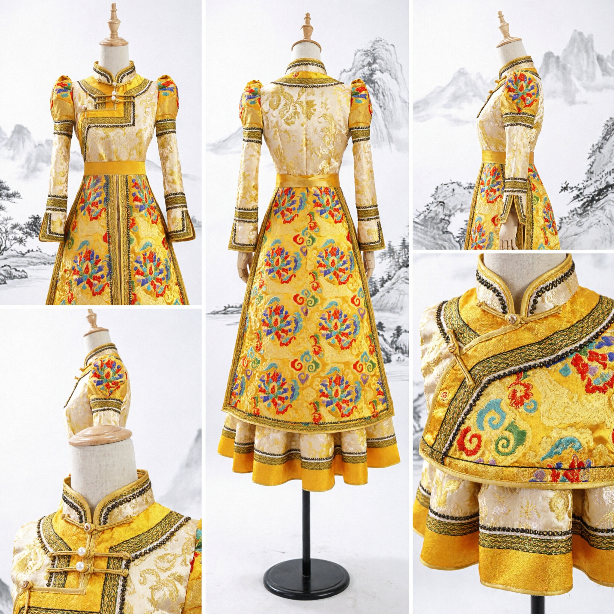 Gelbes mongolisches ethnisches Tanzkostüm, traditionelles chinesisches besticktes langes Kleid für Frauen, Bühnenauftritt - Asian Costume