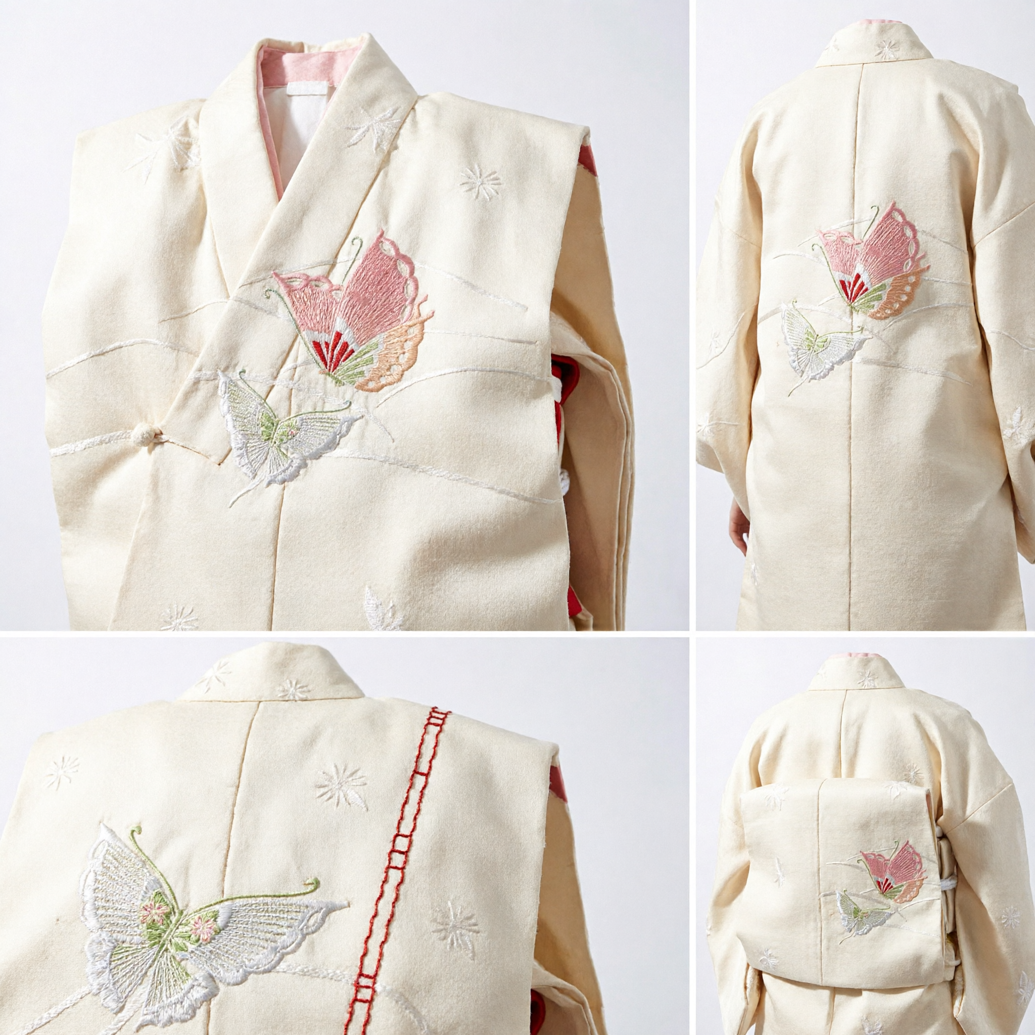 Faixa de Seda Tradicional Chinesa Hanfu Creme com Bordado de Borboleta Rosa, Acessório Elegante para Traje para Mulheres - Asian Costume