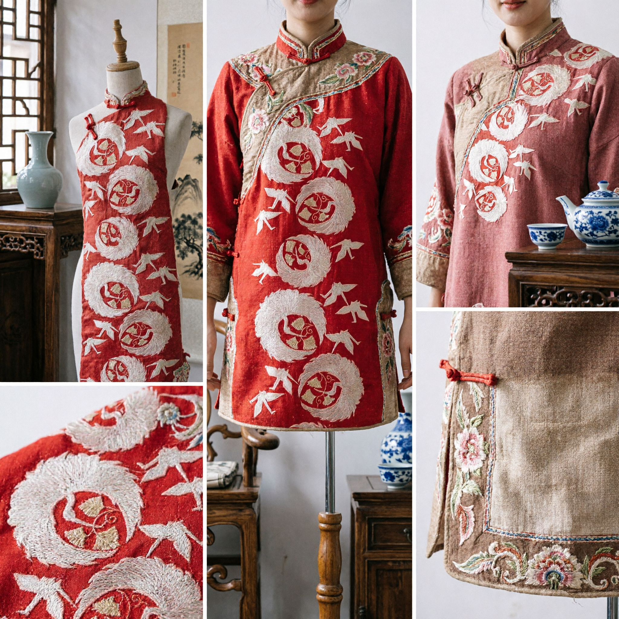 Jogo de Mesa Vermelho Tradicional Chinês com Bordado de Grou Branco para Banquete de Casamento Asiático e Decoração Doméstica - Asian Costume