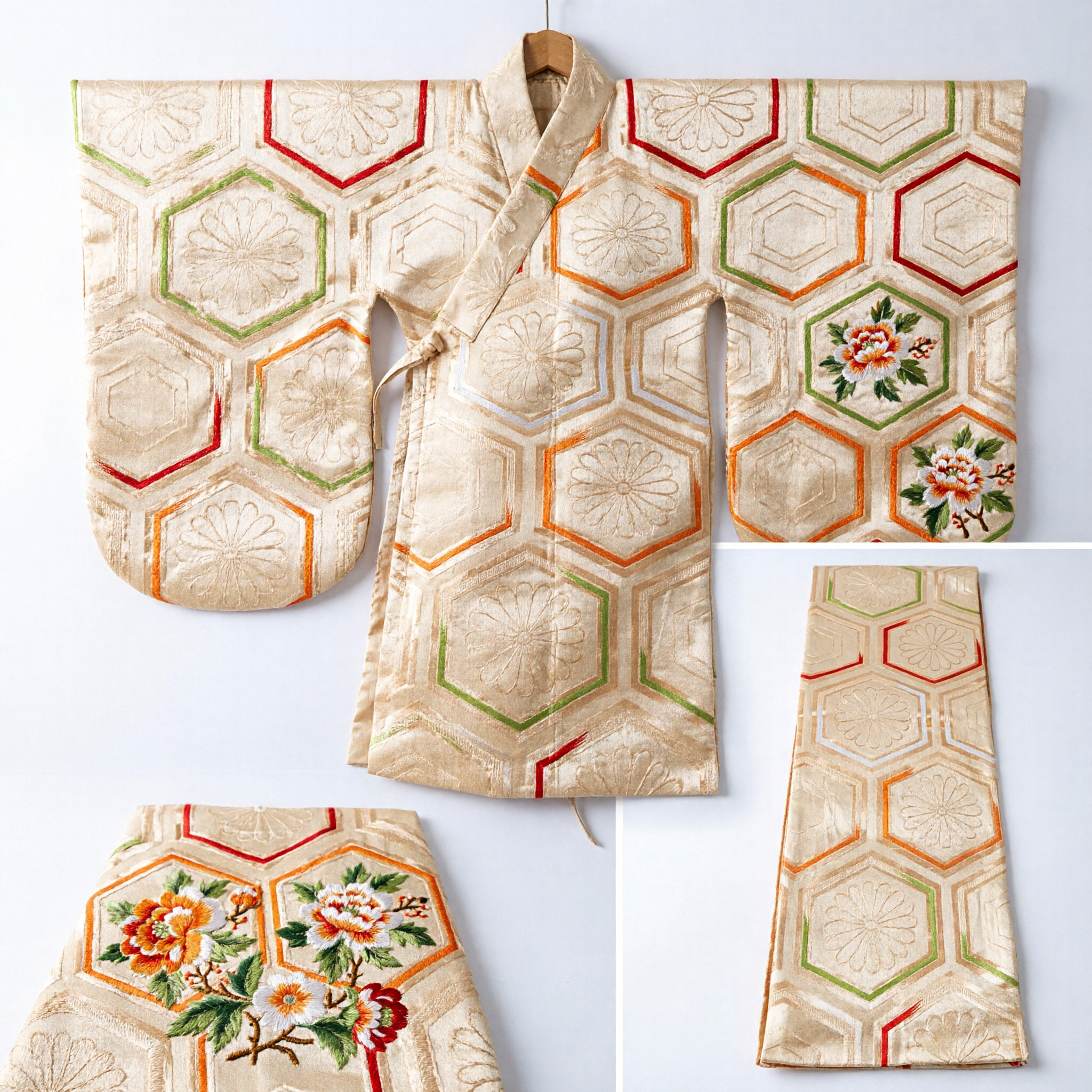 육각형 꽃무늬 디자인의 전통 금색 브로케이드 허리 띠, 아시아 한푸 또는 기모노 의상용 - Asian Costume