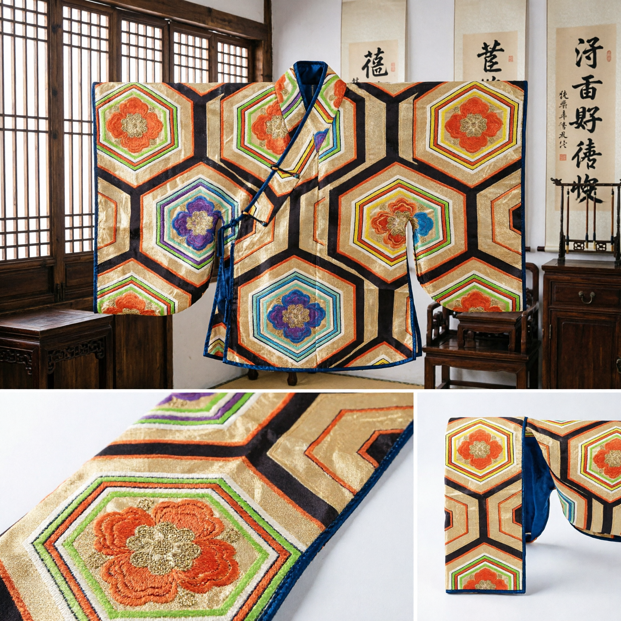 육각형 꽃무늬 패턴의 전통 아시아 금색 브로케이드 띠, 한푸 기모노 의상 및 홈 데코용 - Asian Costume