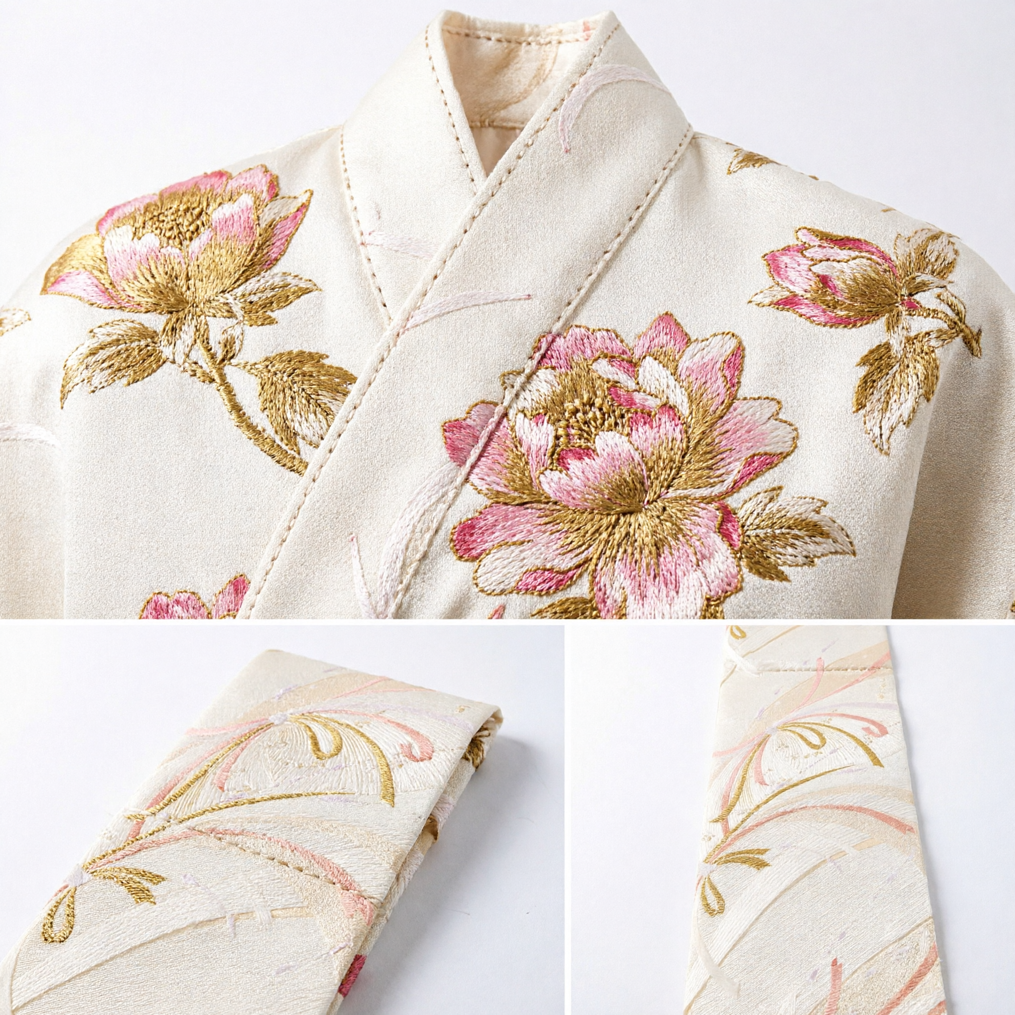 Elegante Faixa para Hanfu Chinês Tradicional, Brocado de Seda Cremoso com Padrões Florais Dourados e Rosas para Mulheres - Asian Costume