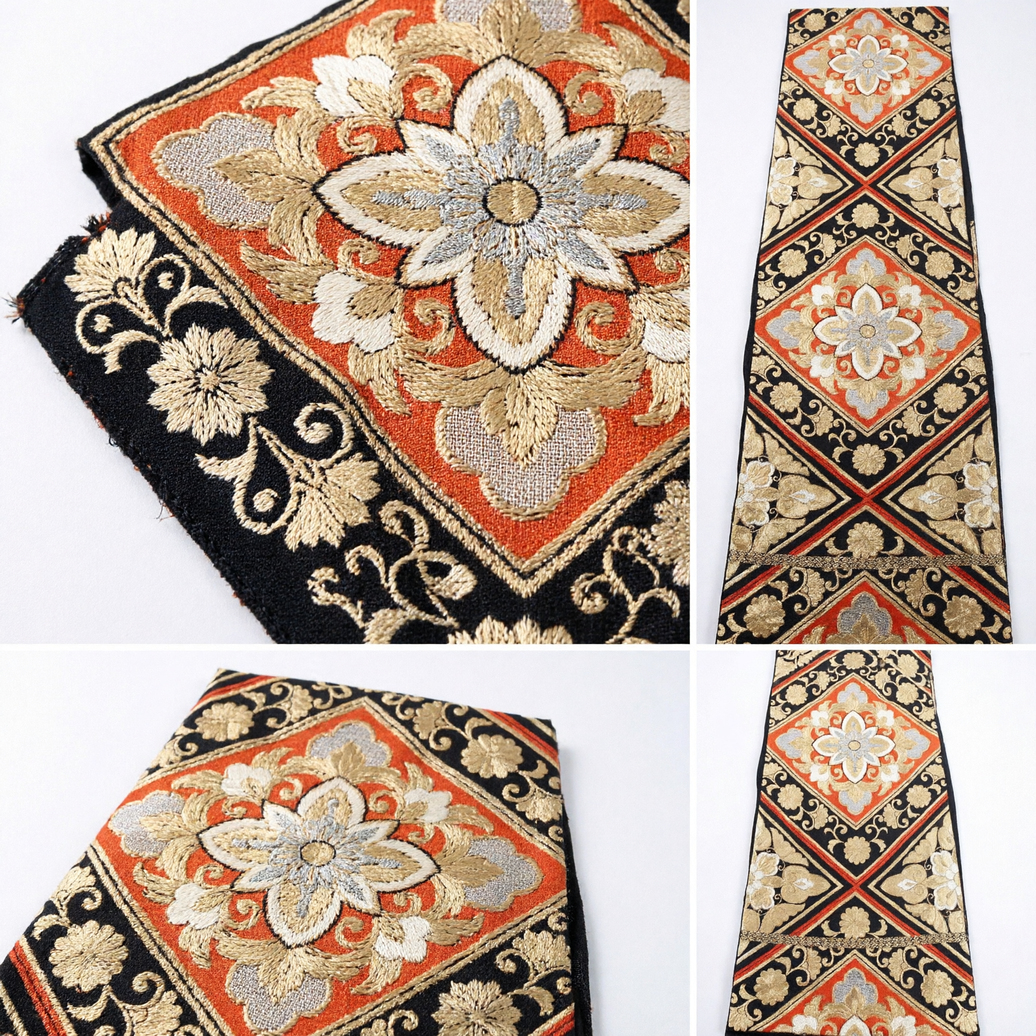 전통 중국 브로케이드 리본, 검정 금색 꽃 다이아몬드 패턴 띠, 한푸 의상 액세서리 - Asian Costume