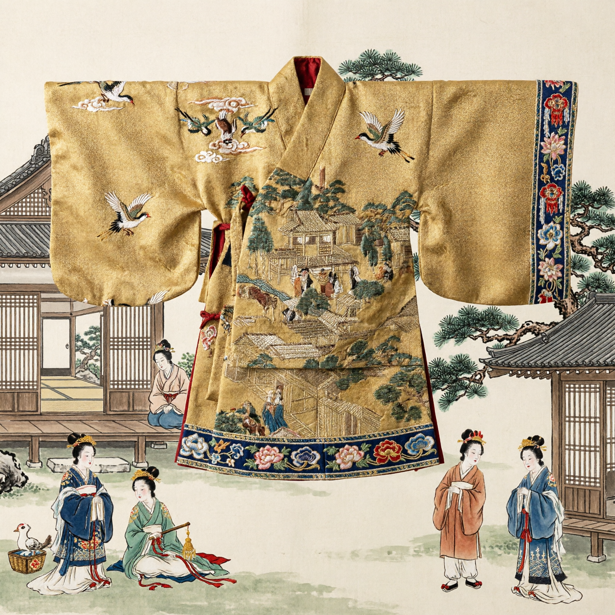 Tessuto broccato seta oro tradizionale cinese con motivo classico dipinto paesaggio per costumi Hanfu e artigianato - Asian Costume