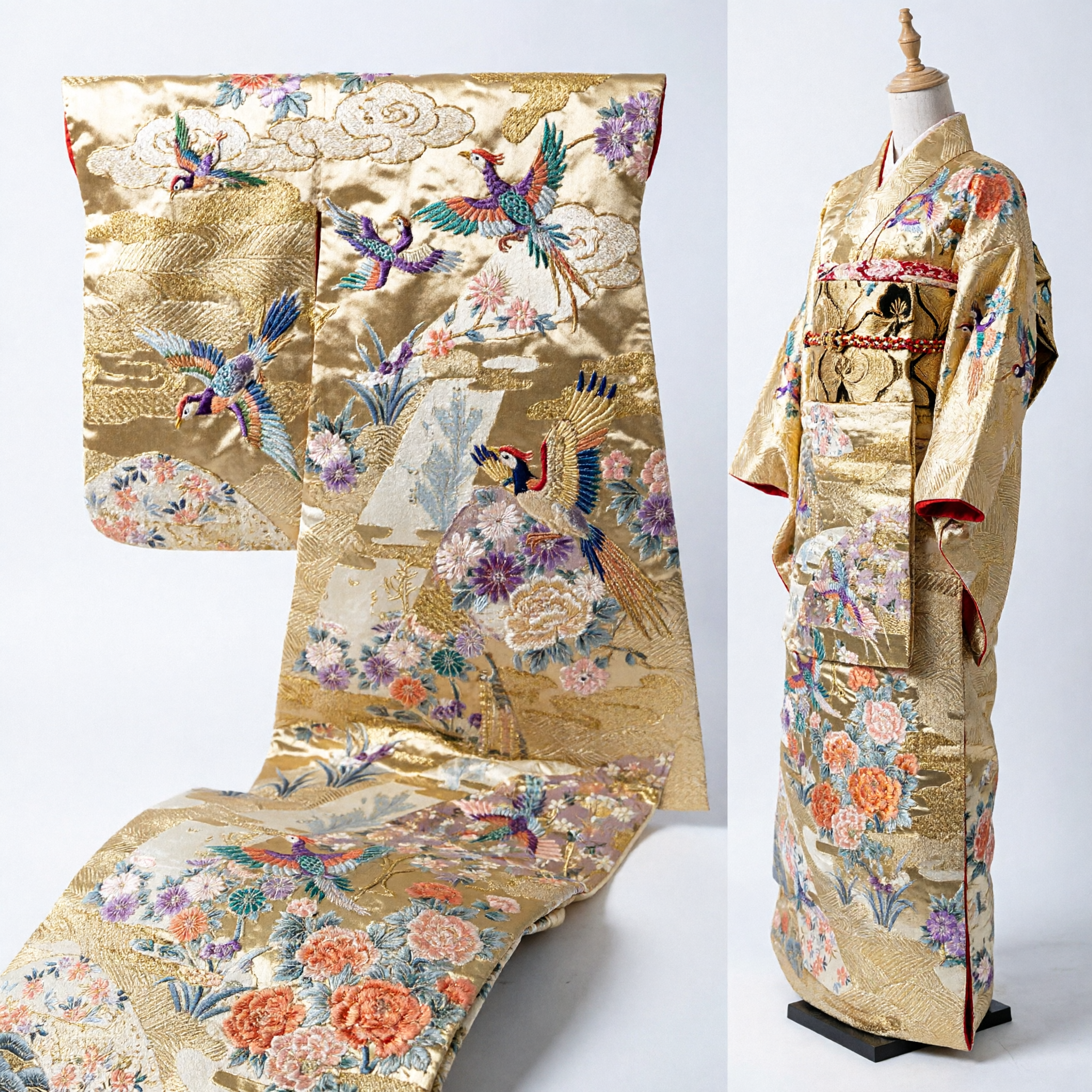 봉황과 모란 패턴의 전통 중국 금색 브로케이드 띠, 한푸 웨딩 의상 DIY용 - Asian Costume