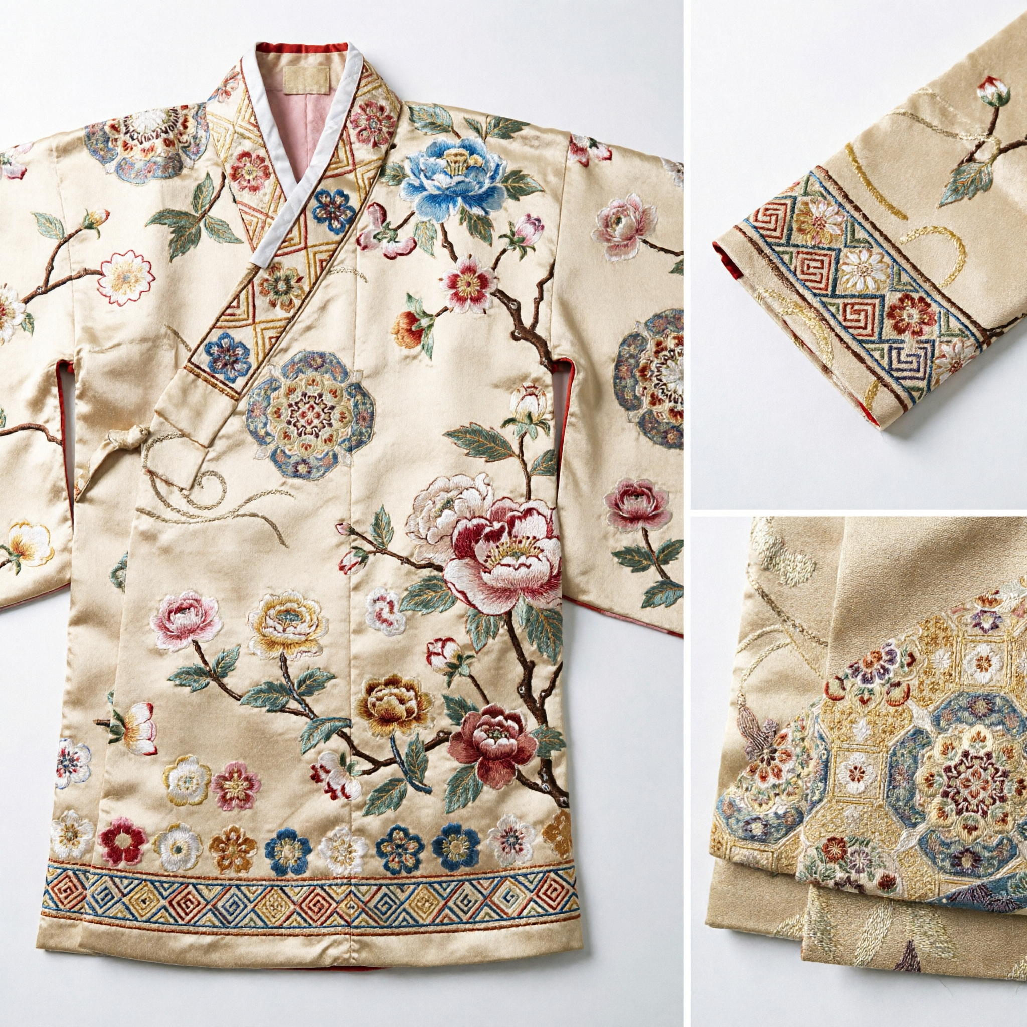 Chinesischer Goldseidenbrokat-Streifen mit geometrischem Blumendesign für traditionelle Hanfu-Gürtel und dekorative Borten - Asian Costume