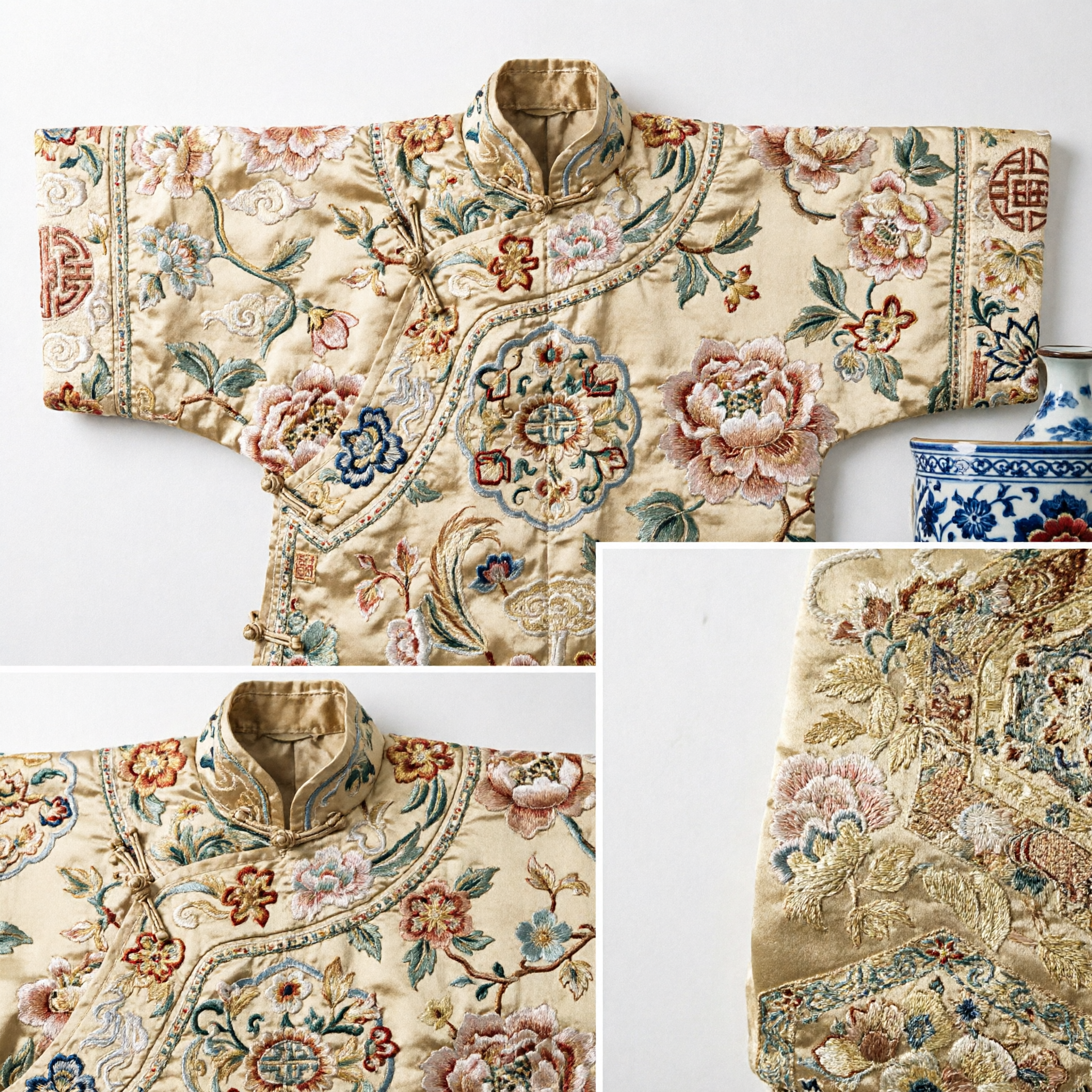 Fita de Tecido de Brocado de Seda Dourada Tradicional Chinesa com Padrão Floral para Faixa Hanfu e Acessórios de Traje - Asian Costume