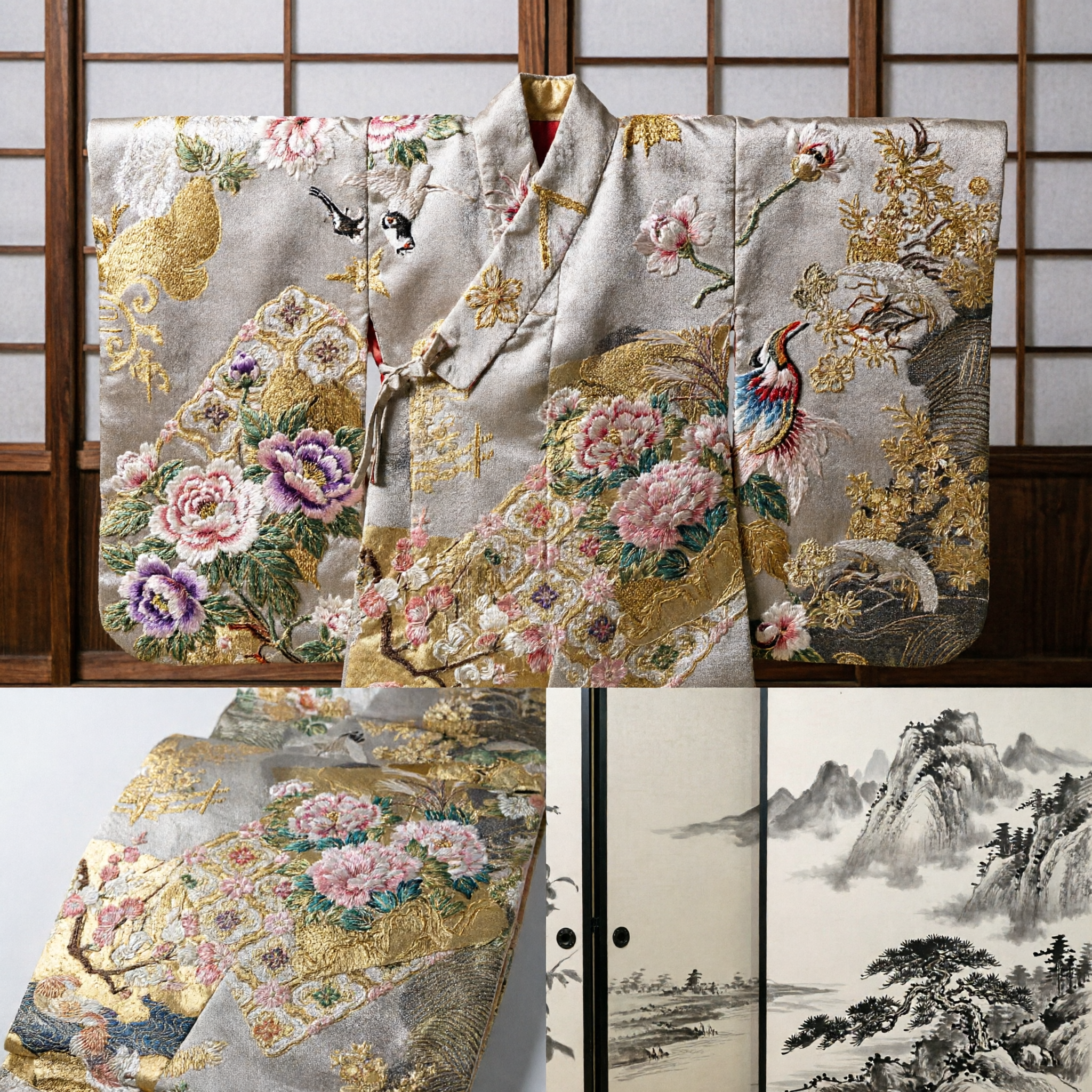 Luxury Traditional Asian Brocade Fabric Gold Crane Peony Pattern Silk Material for Hanfu Kimono Costume Making - Asian Costume