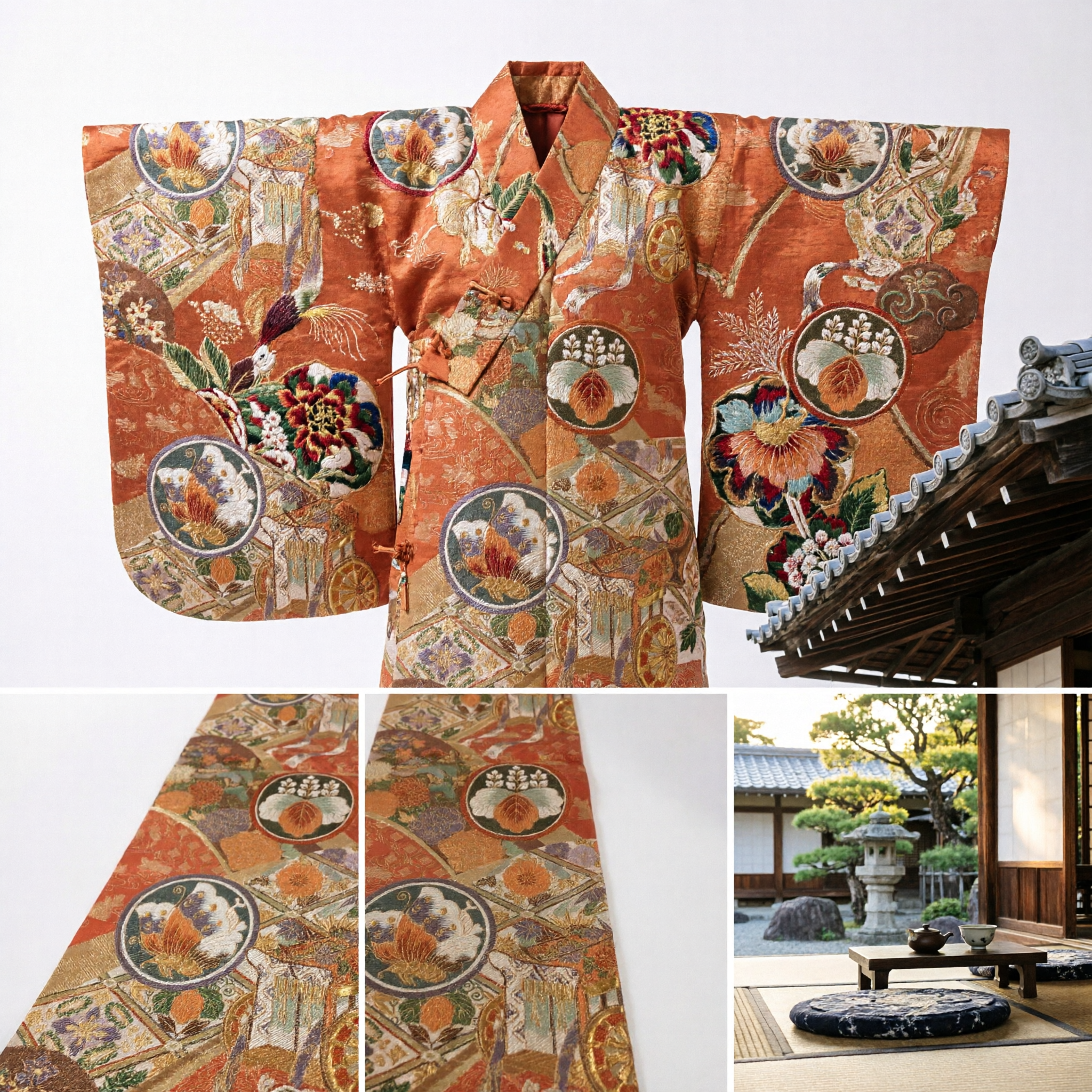 Faixa Cinturão de Brocado Tradicional Asiática Padrão Dourado Laranja de Leque Floral para Quimono, Hanfu e Decoração de Jogo Americano - Asian Costume