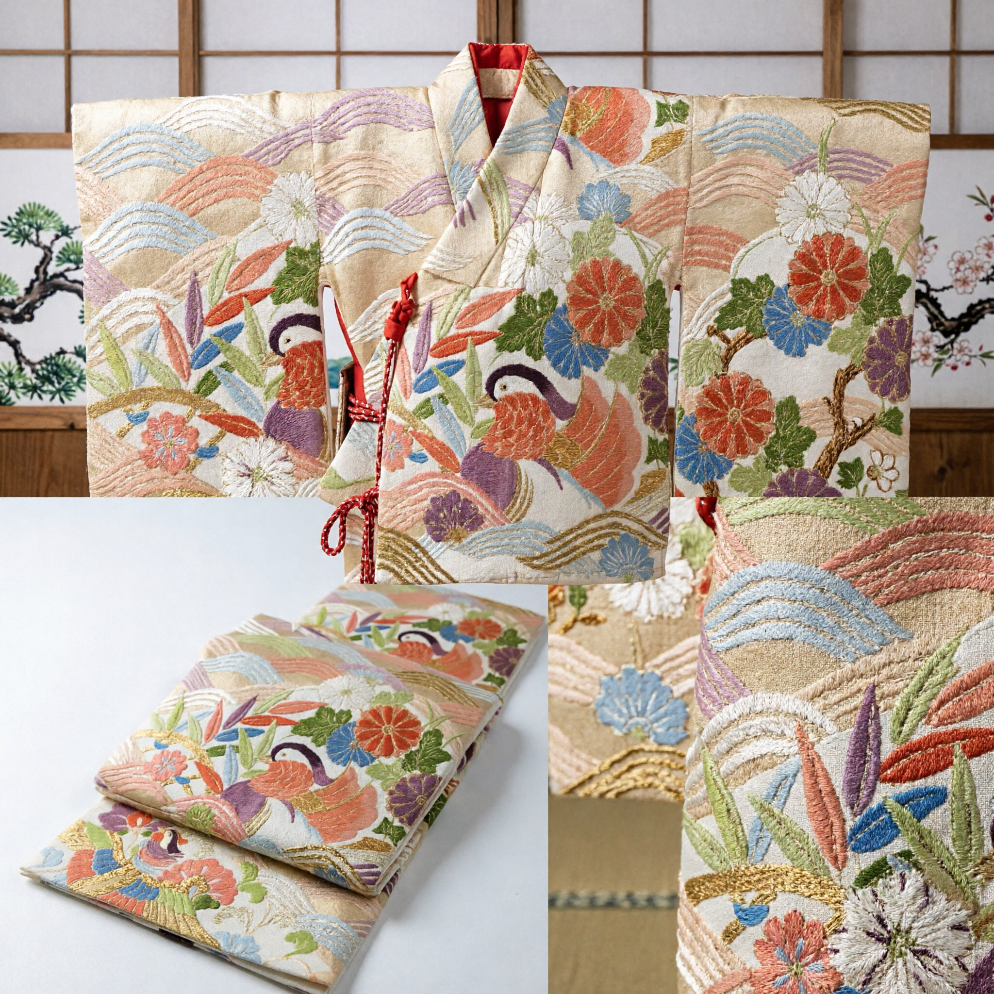 Tessuto in seta broccata tradizionale giapponese con motivo di gru auspiciosa e crisantemo per Kimono e costumi - Asian Costume