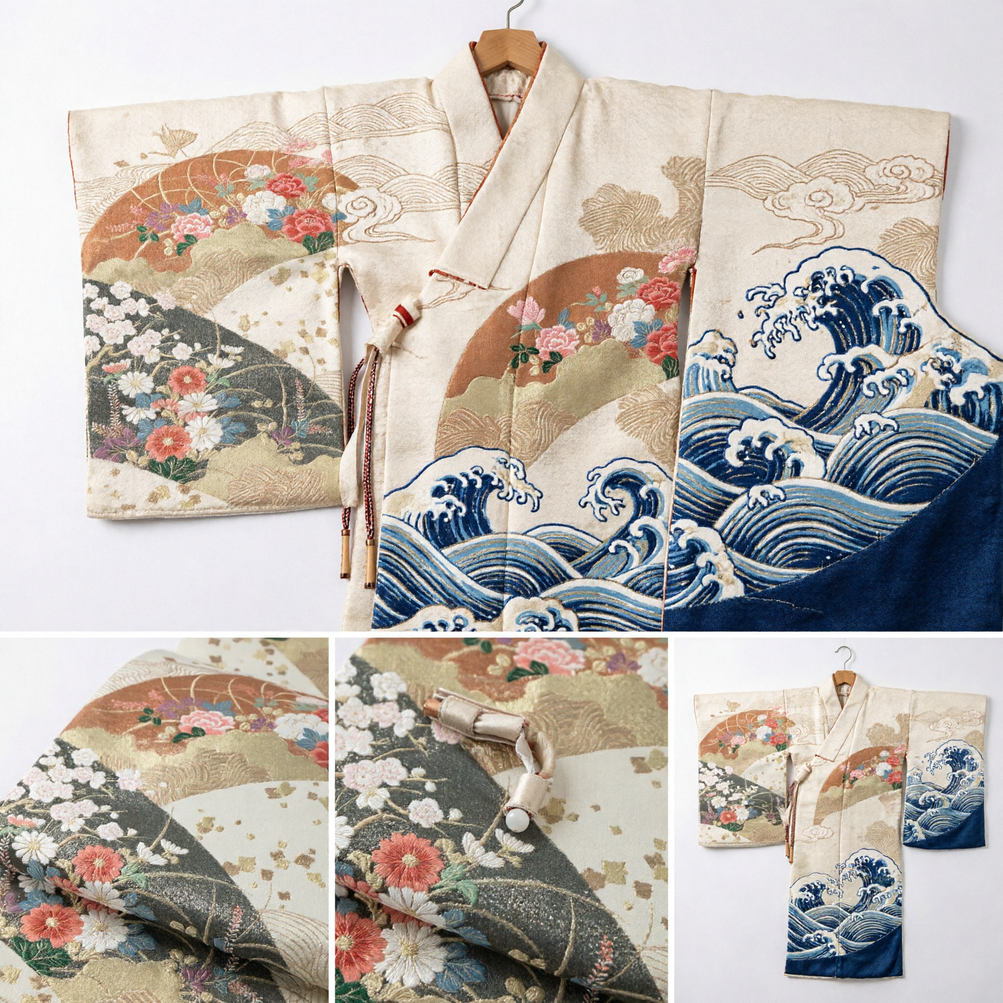 Japanse Traditionele Zijden Kimono Stof met Gouden Waaier en Bloempatroon voor Vrouwen Kostuum DIY Naaiwerk - Asian Costume
