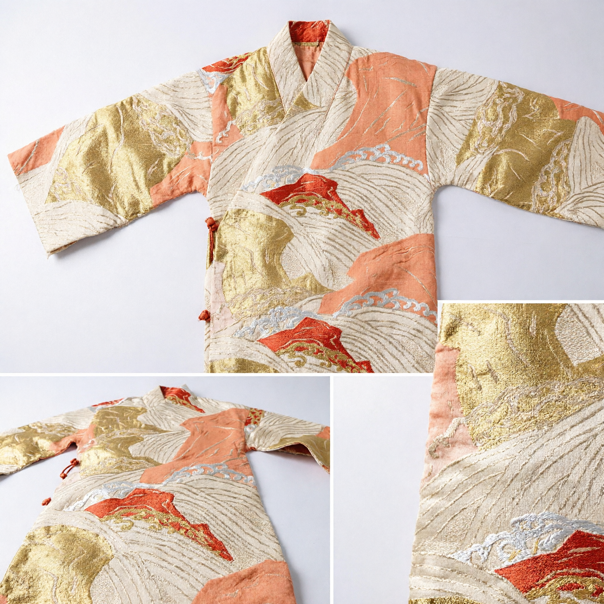 Tecido de Brocado Tradicional Asiático com Padrão de Ondas e Montanhas Dourado e Laranja para Faixa de Traje Hanfu DIY - Asian Costume