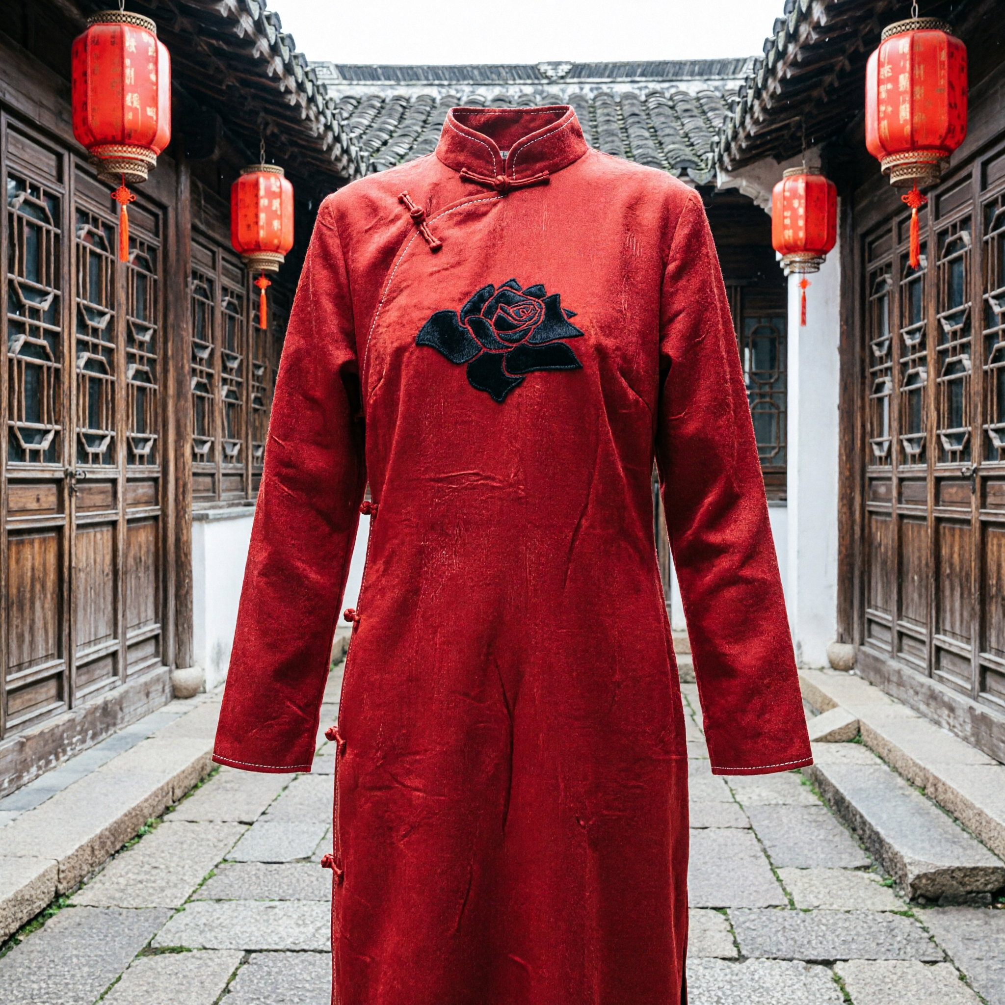 Traditionele Chinese Rode Zijden Sjerp met Zwart Rozen Motief Bruids Bruidssjaal Folkloristische Dans Optreden Accessoire - Asian Costume