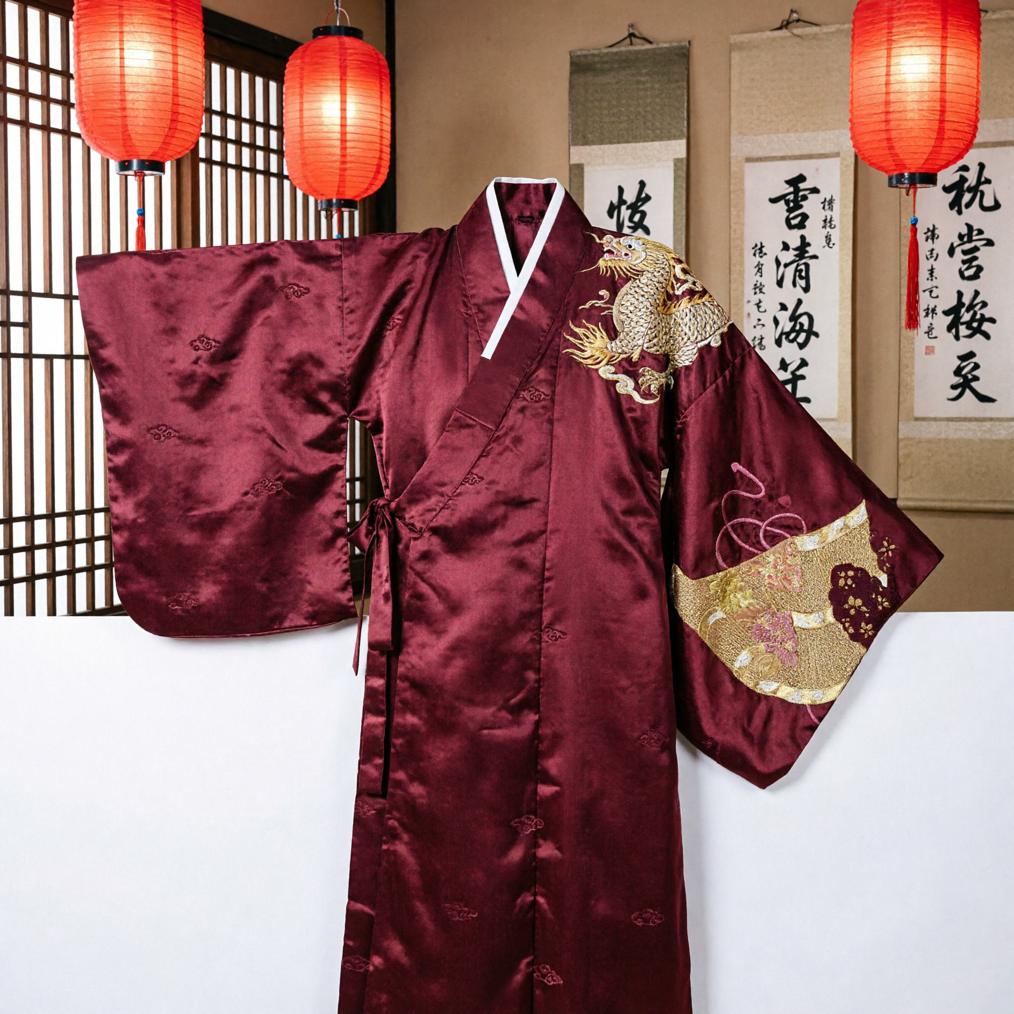 Faixa Hanfu de Seda Bordô com Bordado de Leque Dourado para Acessórios de Traje Asiático Feminino - Asian Costume