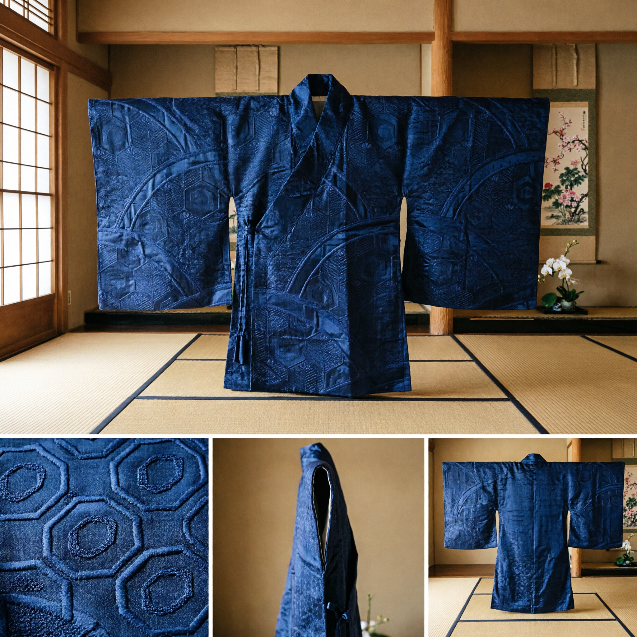 ネイビーブルー アジア伝統ブロケード生地 六角形波模様 漢服・着物 DIY衣装材料 - Asian Costume