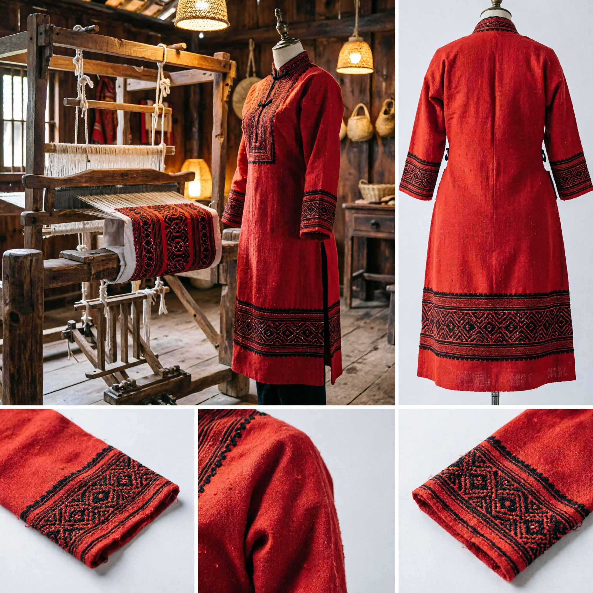 Tessuto tradizionale cinese a strisce geometriche rosso e nero per la realizzazione di costumi di minoranze etniche e progetti fai-da-te - Asian Costume