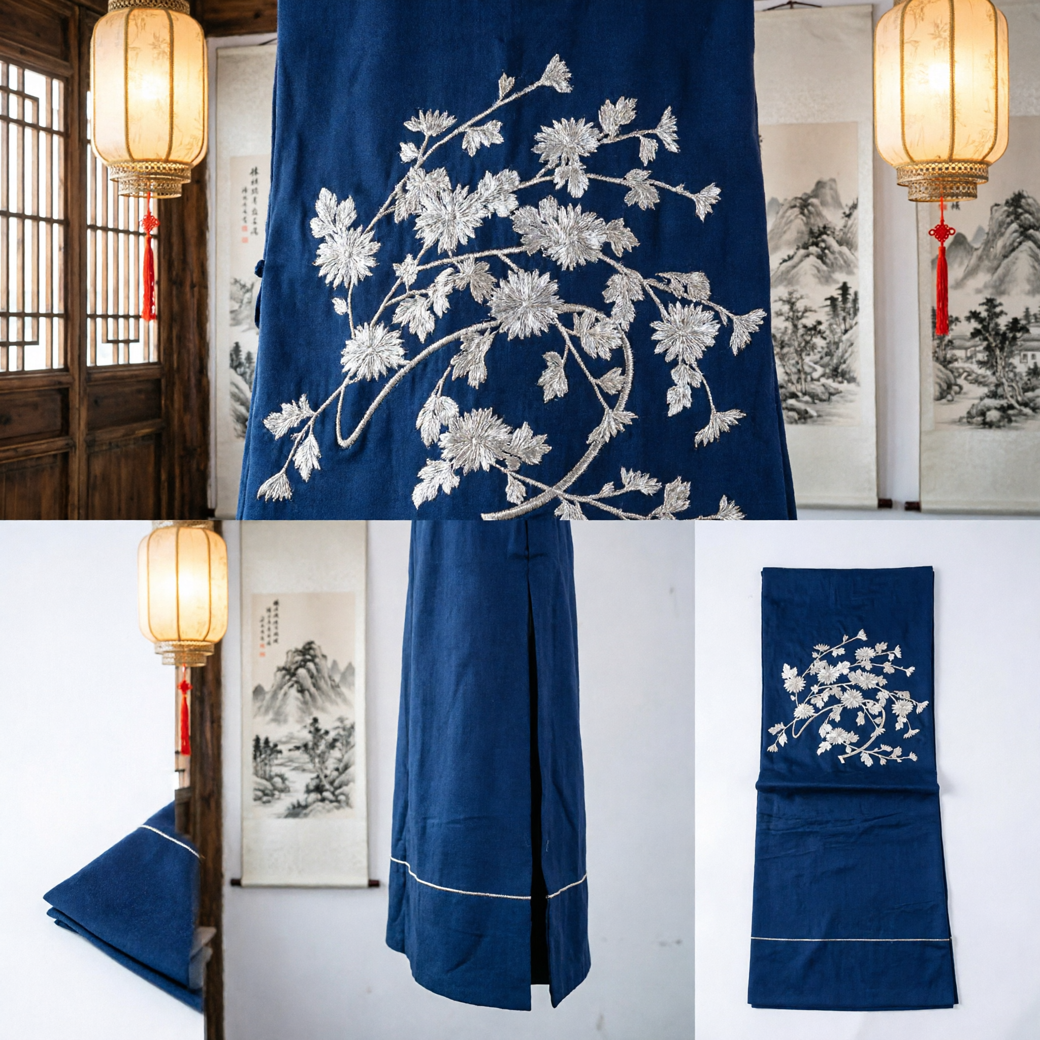 Traditioneller chinesischer marineblauer Seidenstoff mit zarter weißer Blumenstickerei für Hanfu-Kostümherstellung - Asian Costume